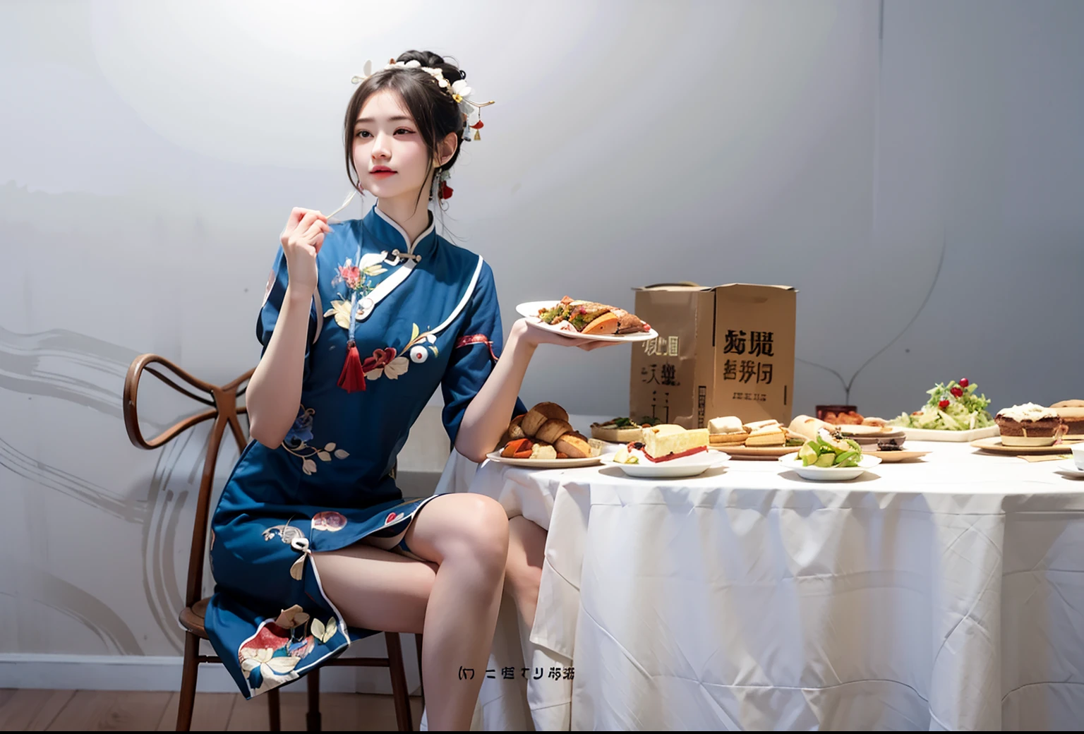 The Alafi woman sat at the table，Carrying a plate of food, in a blue qipao, wearing a blue qipao dress, Cheongsam, Chinese style, Traditional Chinese clothing, Advertising photography, with acient chinese clothes, Chinese dress, Chinese traditional, food advertisement, inspired by Lu Guang, inspired by Xie Huan, inspired by Wang Guxiang