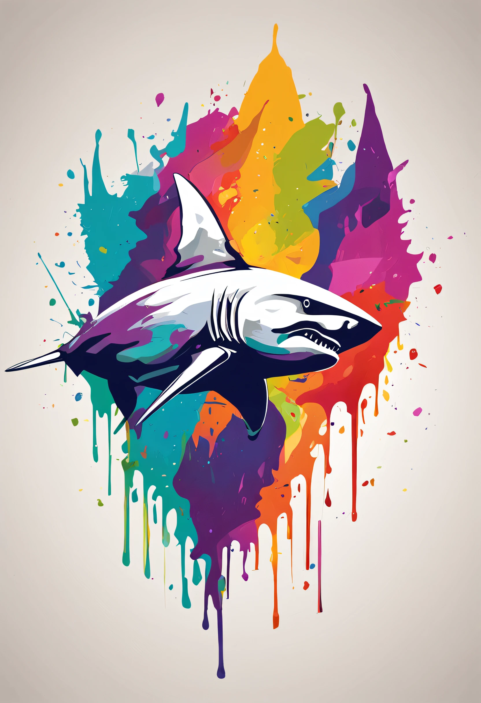 Colorful Logo, Shark head minimalist vector art logo illustration, Frontal, Magic, Crisp design, suave, monochrome color, Dark Magic Colorful Splash Painting, tshirt design, In the style of Studio Ghibli, The design must be vector art, Introduction to the shark. Using Adobe Illustrator、Create a sharp, simple-looking logo, But fascinating. Keep the design centered on the shark's eye, Capture its uniqueness and charm. The logo should evoke a sense of sophistication and tranquility. Emphasis on low-poly style、Adds a touch of luxury. The overall aesthetic must be elegant and elegant, Make it relevant for your branding and logo objectives, black backgrounds, ((Symmemeter)) It's a shark