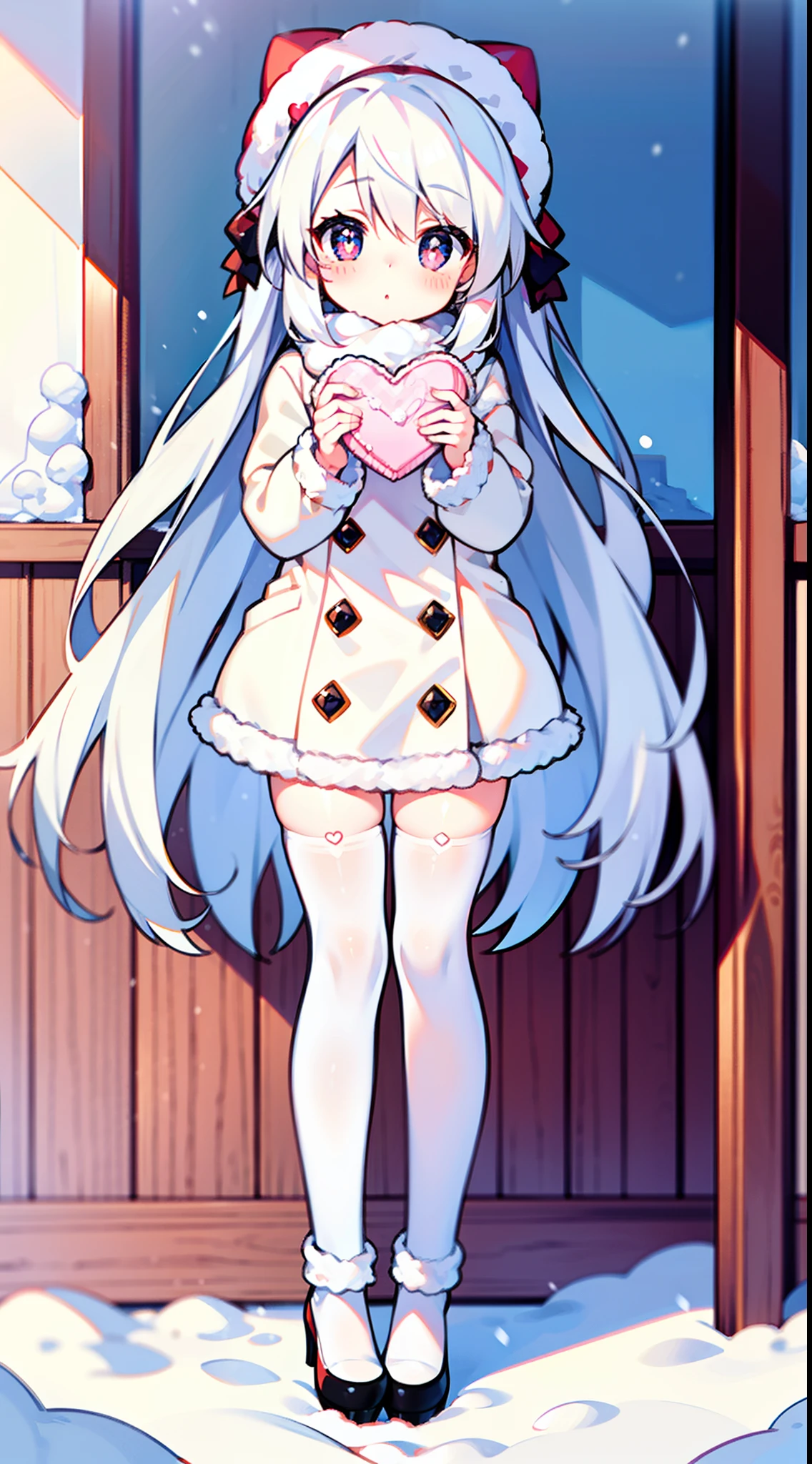 , Long Hair, cute, Heart-shaped pupils, alone, Gray Hair, blush, winter, snow, Outdoor, White Stockings, Are standing