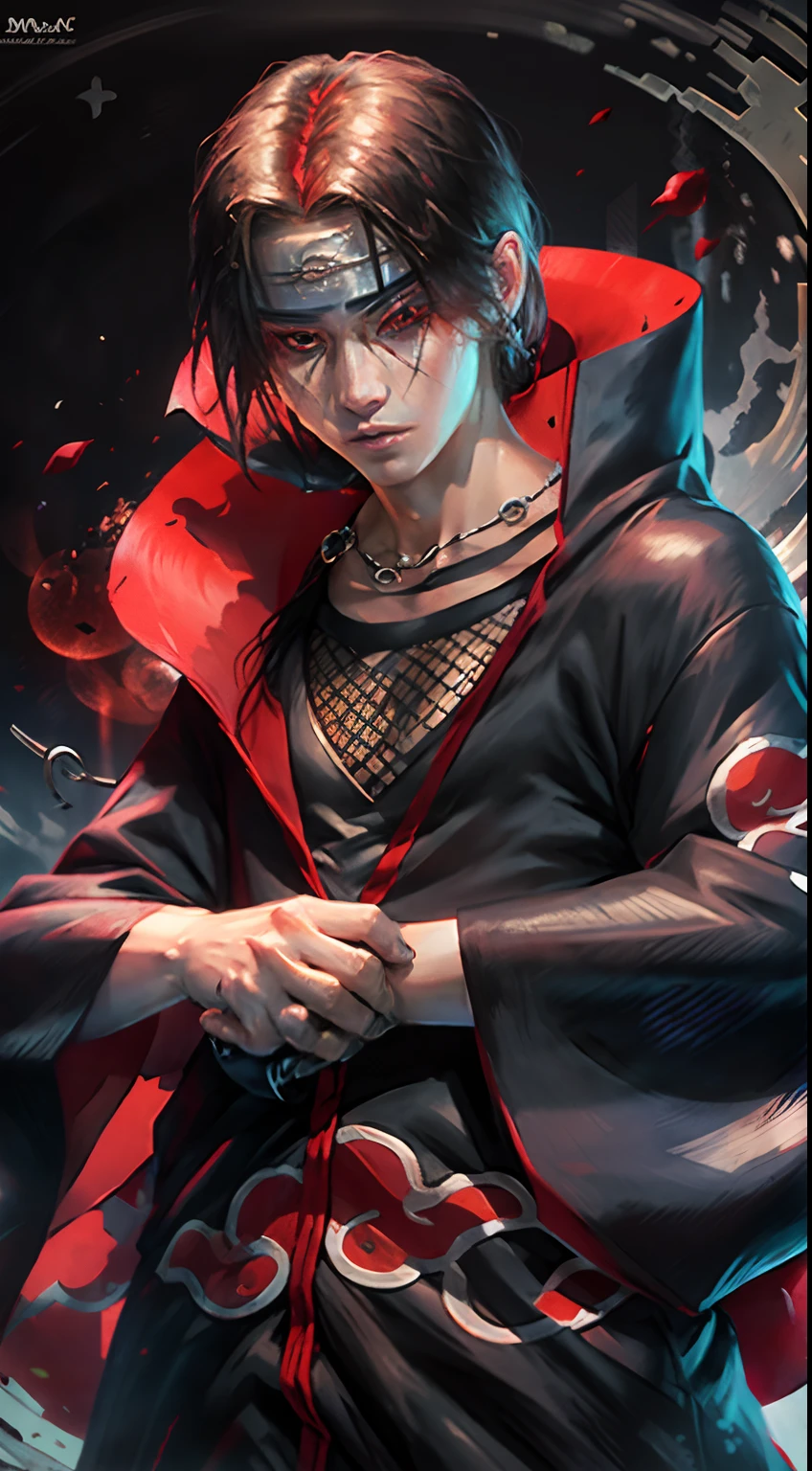 hyper realistic male model itachi uchiwa, slim charismatique face, konoha bandeau, visage beau symetrique