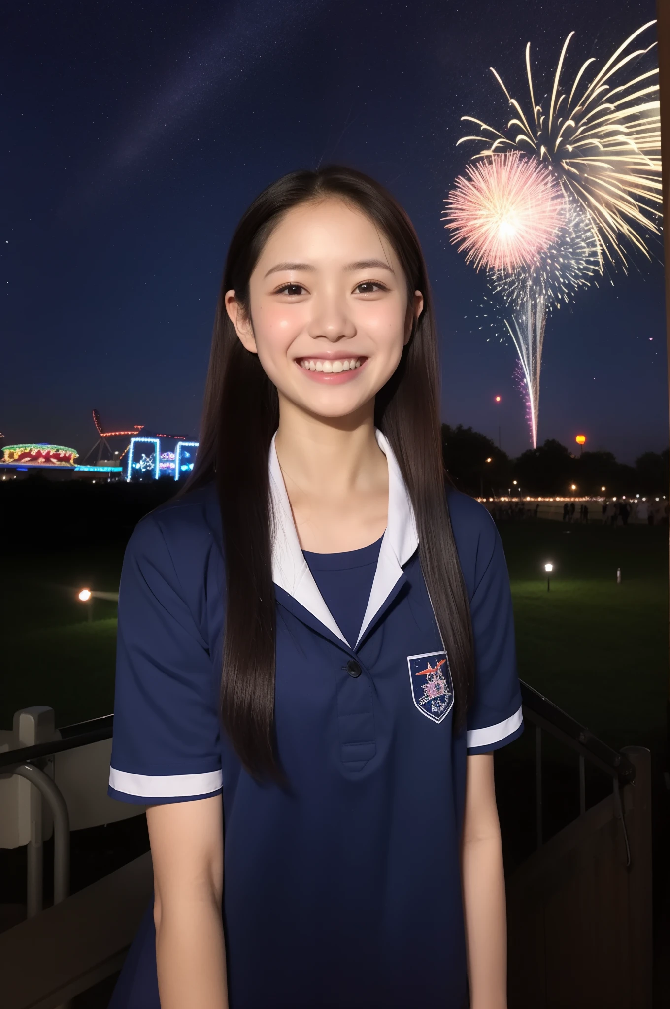 A smile、hi-school girl、校服、shortsleeves、An amusement park、While doing fireworks、starrysky、Aurora