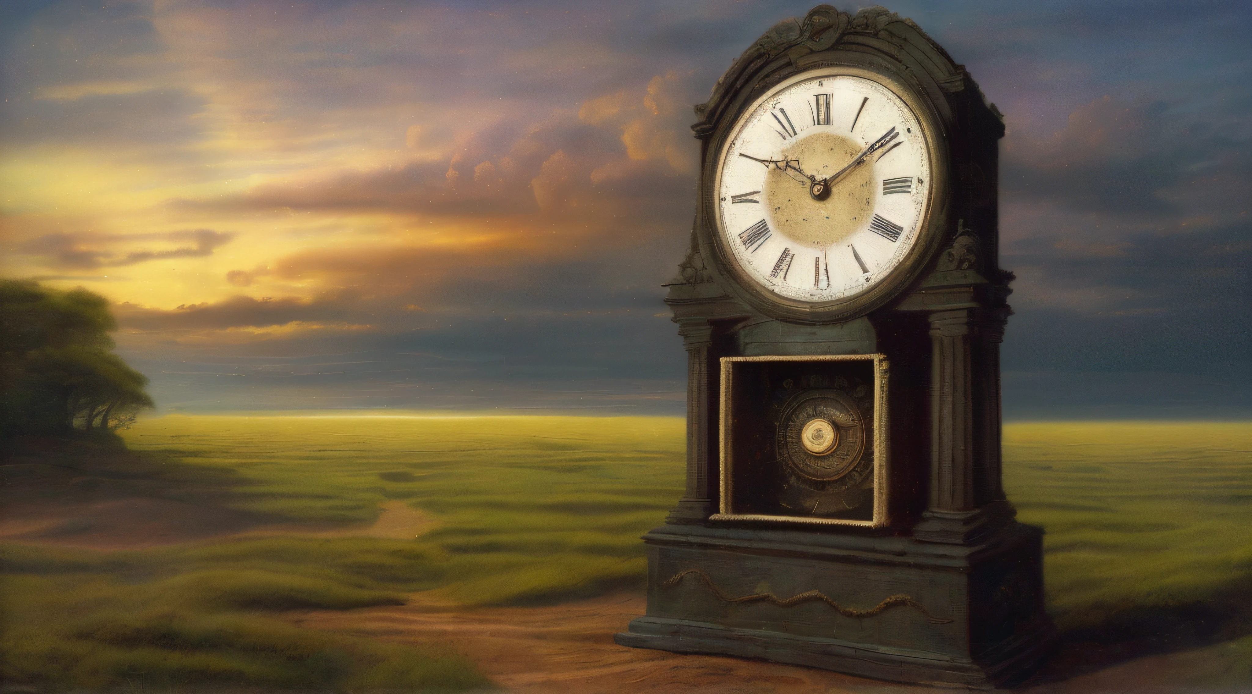 _(obra-prima, cena surreal, inspirada em Vladimir Kush:1.3), a painting of a clock in a field with a sunset in the background, (The passage of time and memory trapped in eternal time:1.1), creating a scene that evokes the feeling that time is running out, (Background art with folded time illusion:1.1), inspirada pela obra de Vladimir Kush, (the time of day is twilight:1.1), (imaginary camera capturing the surreality of the scene:1.2), (acompanhada de uma "illusory lens" which highlights the idea of doubled time:1.2), (capturing the ambiguity of time and the sense that time no longer exists).