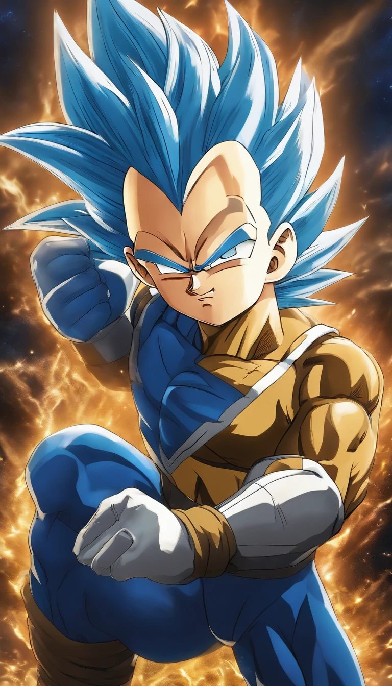 Child Vegeta(super sayajin) , Vegeta's Blue Clothes , anime styled , Landscape with nocturnal destruction , (( Undistorted images)) , The highest resolution , top-quality , gaze , masterpiece