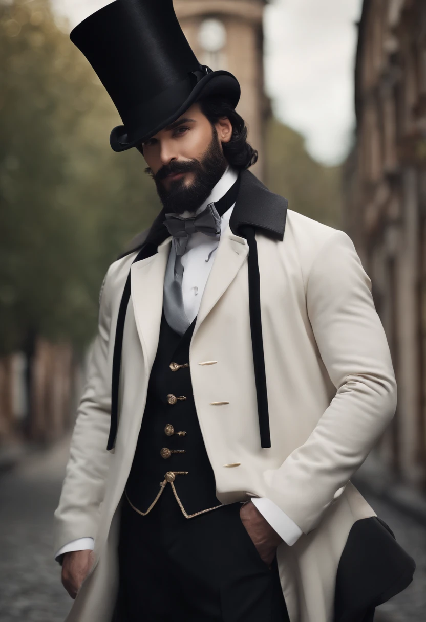 black hair, mini top hat, drop shadow, tachi-e, pov, atmospheric perspective, 8k, super detail, ccurate, best quality,Beard,ssmile,wind coat,greys