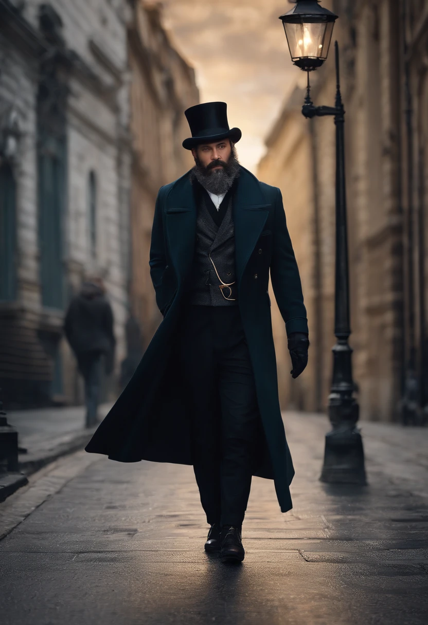 black hair, mini top hat, drop shadow, tachi-e, pov, atmospheric perspective, 8k, super detail, ccurate, best quality，Beard，ssmile，wind coat，greys