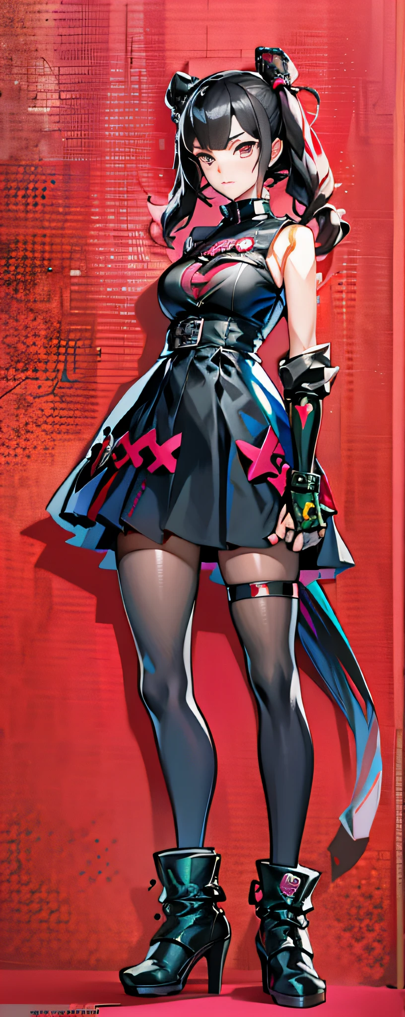 Anime girl in black dress and boots standing in front of red wall, persona 5 art style wlop, Kushatt Krenz Key Art Women, Persona 5 artwork, neon noir, digital art from danganronpa, persona 5 style, Kill Pull Kill illustration, persona art style, no more heroes concept art, Katana Zero video game character,Lateral face