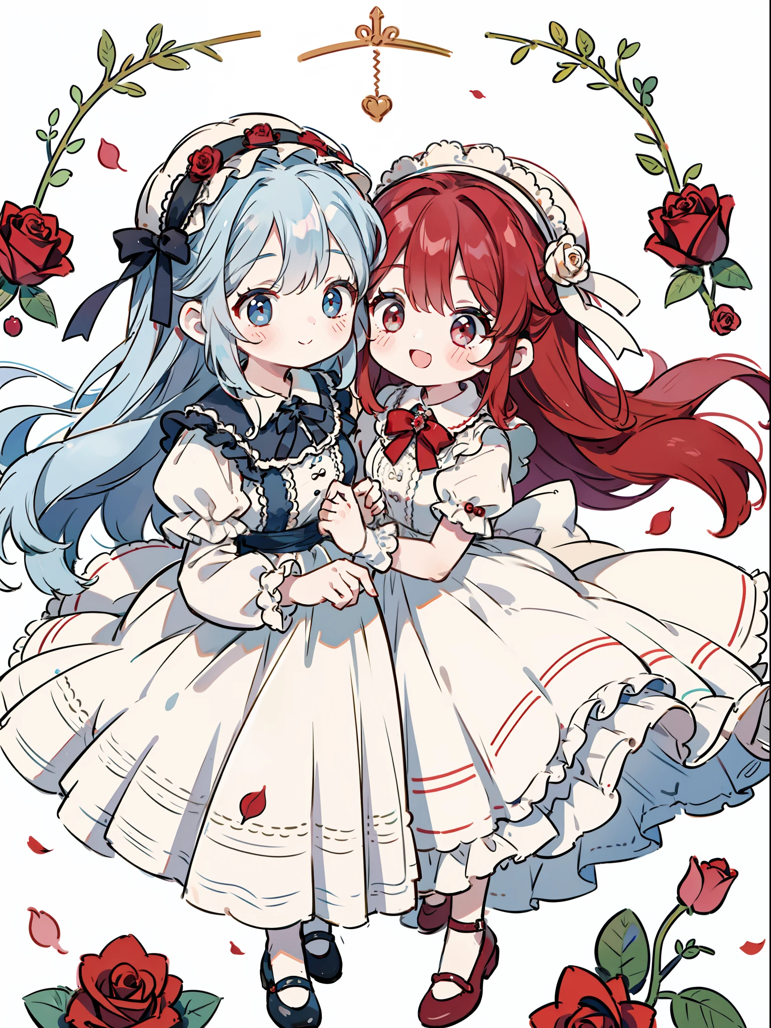 Close-up of two girls' faces、Smiling and looking at each other、Rose Maiden、Two people love each other、doll、fullllbody、Lots of rose petals on the background、Impressive eyes、Lashes、lower eyelashes、Delicate lace、Delicate frills、Beautiful gothic dresses with little exposure、Red roses in the background、Arrangement with Sense、Extremely high quality、high-level image quality、Extremely delicate drawing