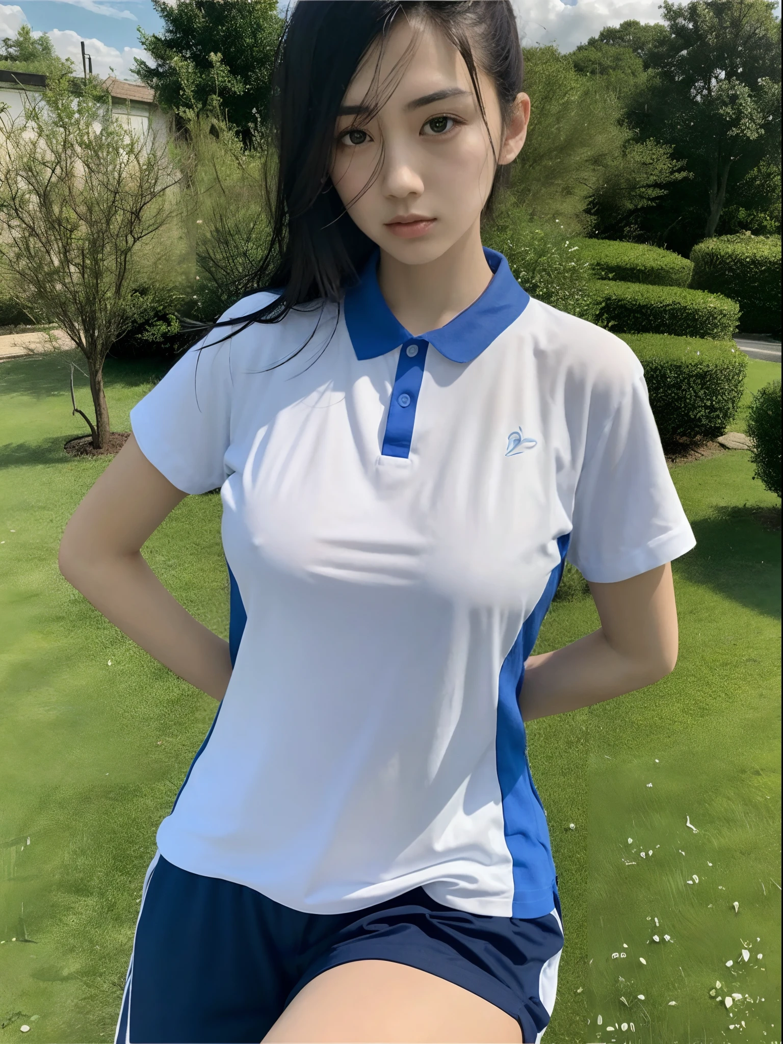 Best quality, Masterpiece, 超高分辨率, Photorealistic, a pregirl,Full body photo,Mushroom hairstyle,Black hair refracted by light,exquisite and beautiful face,Relatively plump body,Blue collar white shirt,The D-cup chest is strangled and protrudes,The concave waist is not noticeable,Clothes cover the stomach,Blue shorts,Protruding crotch,The shape of the is extended by pants,Thick thighs,Holding urine is very anxious