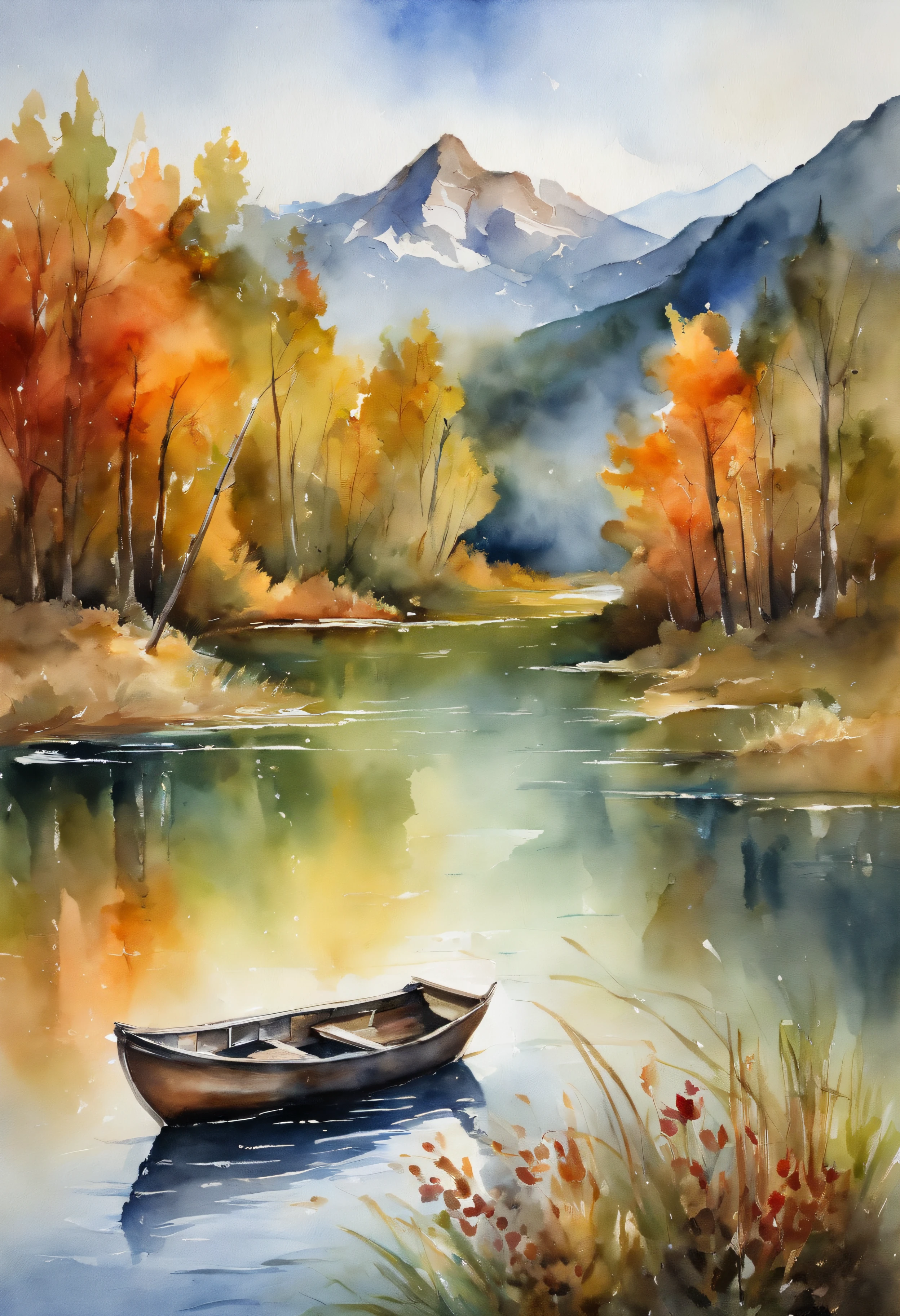 Fishing in a boat on the lake, There is a creek at the bottom of the mountain, mountain background,