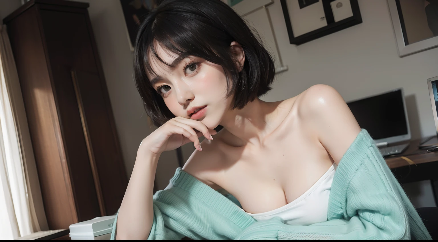 fanciful。one-girl,sitted,Bare shoulders,Detailed pubic hair(((baggy)))whitesweater,half-body portrait,((Look into the distance)),stunningly beautiful,mint bob hair,Blushlush,humble,desks,Duan,mano。The is very detailed。cinmatic lighting,(NSFW:1.27)
