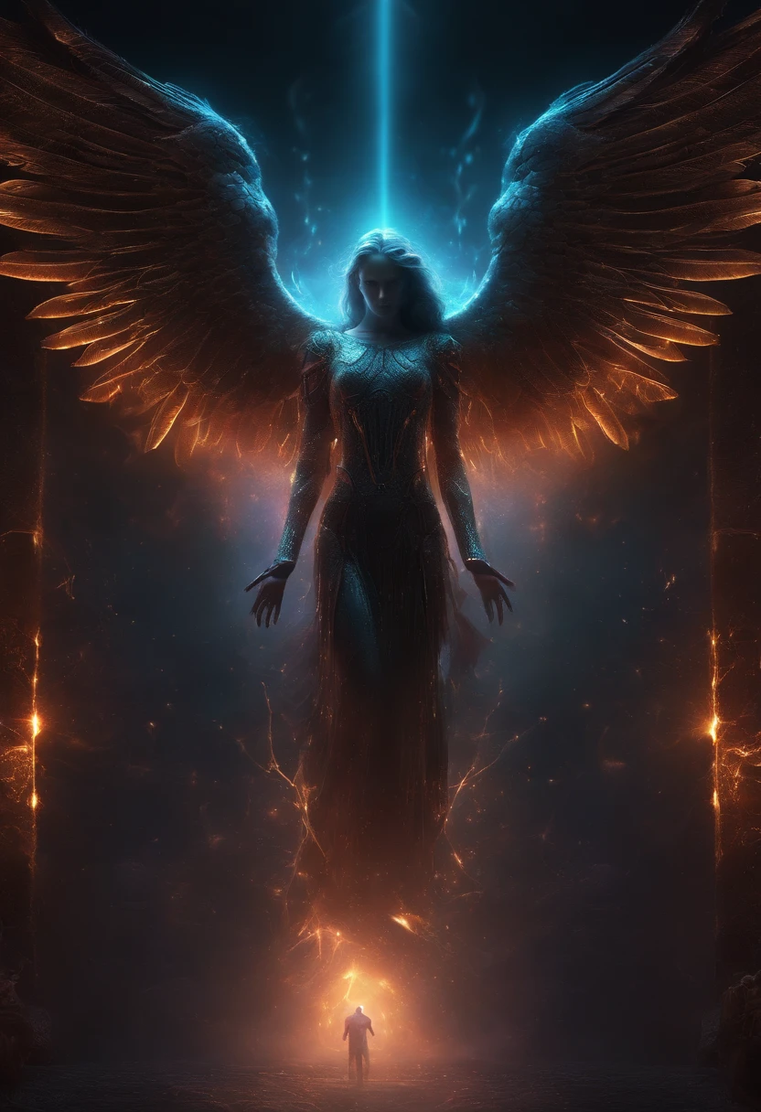 Cosmic Fallen Angel, glowing light eyes, Biomechanical, eerie, Creepy, nightmarish, Very bright colors, Light particles, with light glowing, Mshiff, wallpaper art, UHD wallpaper