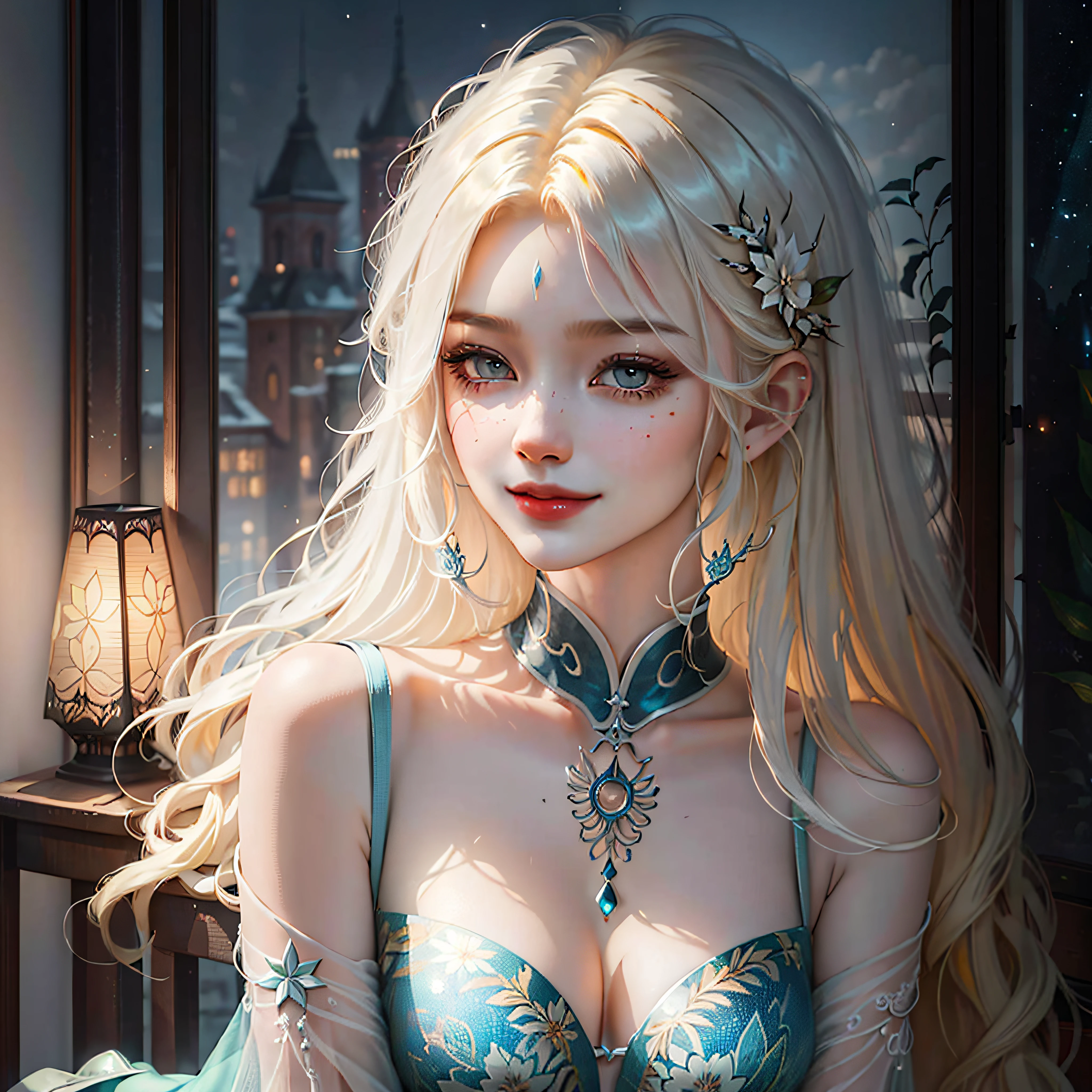 （tmasterpiece，top Quority，best qualtiy，offcial art，Beautiful and aesthetic：1.2），（1girl），Extremely detailed，Colorful，highestdetailed，offcial art，统一 8k 壁纸，ultra - detailed，Beautiful and aesthetic，big breasts beautiful，tmasterpiece，best qualtiy，（zentangle，datura，Tangles，entangled）， long whitr hair， joyful smile， skin textures，detail in face，With a shy face，warm colored light，cropped shoulders（Front focus），（in the darkness nigth：1.6），Surrealist portraits of women by David Hockney and Alphonse Mucha，Fantasyart，photographrealistic，动态照明。poster for，Volumetriclighting，Very detailed faces，1girl, in the dark,（official clothes：1.3），mid hair，Yellow-haired --auto