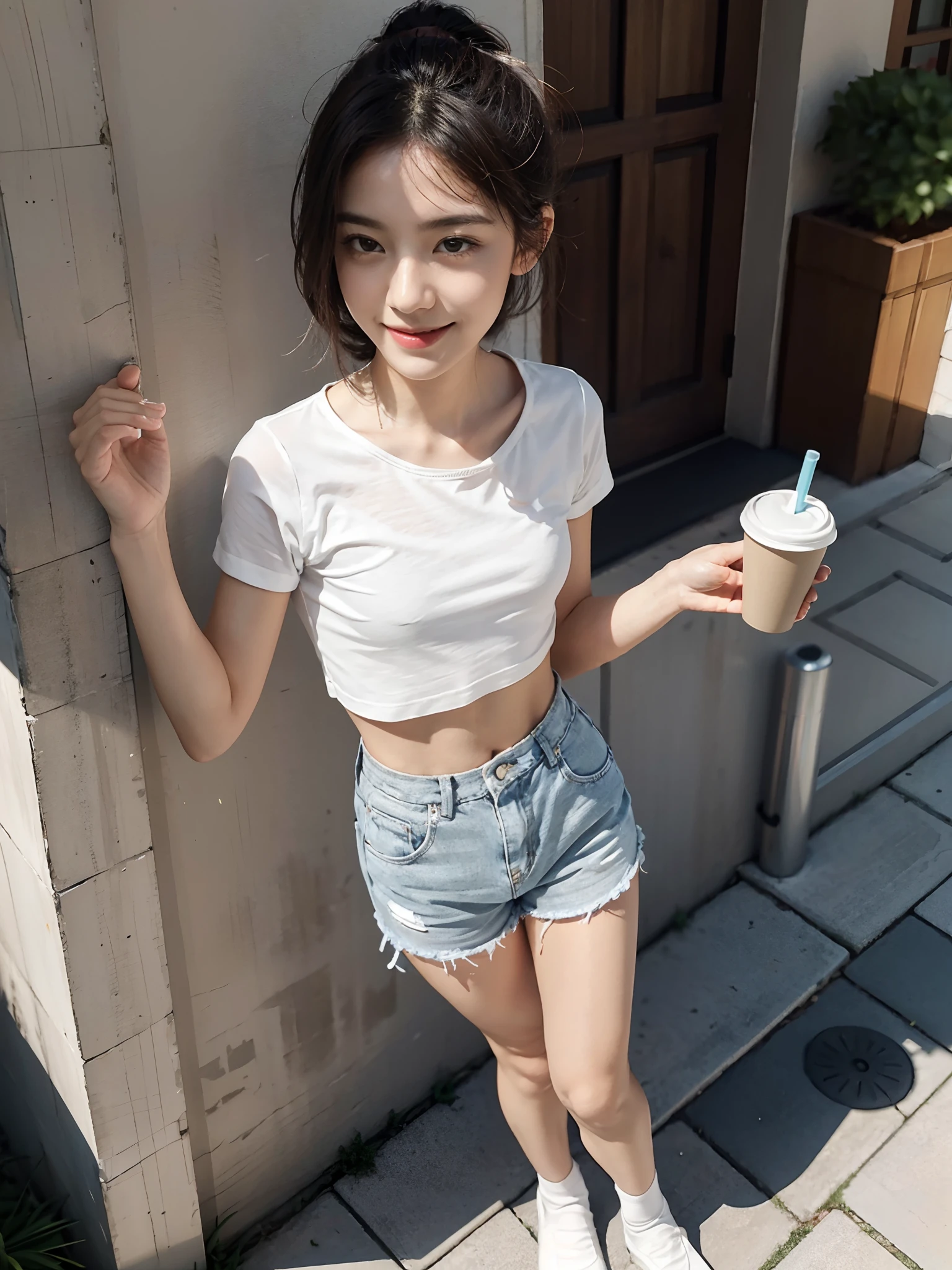 ((Small lower chest,Tomboyish,small heads)), (Well-defined abs: 1.1), (perfect bodies: 1.1), (short-length straighthair: 1.2), Black hair,short ponytail hair，Upper body, attractive collarbone，（极其细致的CG 8k壁纸），（Extremely refined and beautiful），（Masterpiece），（best qualtiy：1.0），（超高分辨率：1.0），beautiful light up，Perfect lightning，realistic shaded，[A high resolution]，Smooth and flawless fair skin，ultra - detailed ，Elongated legs，(Small breasts:1.1)，Flat chest，Slim，emaciated，Smile，cheerfulness，Light gray mask，（Camel short-sleeved T-shirt:1.1），（White sheer tulle shorts：1.1），white short socks, Light blue slippers，Summer，eventide，Crowded crowds，at the doorstep of a school，Outside the school fence，standing，outside，Tree-lined roadsides，A cup of coffee in hand，Close-up，Drink coffee with a straw
