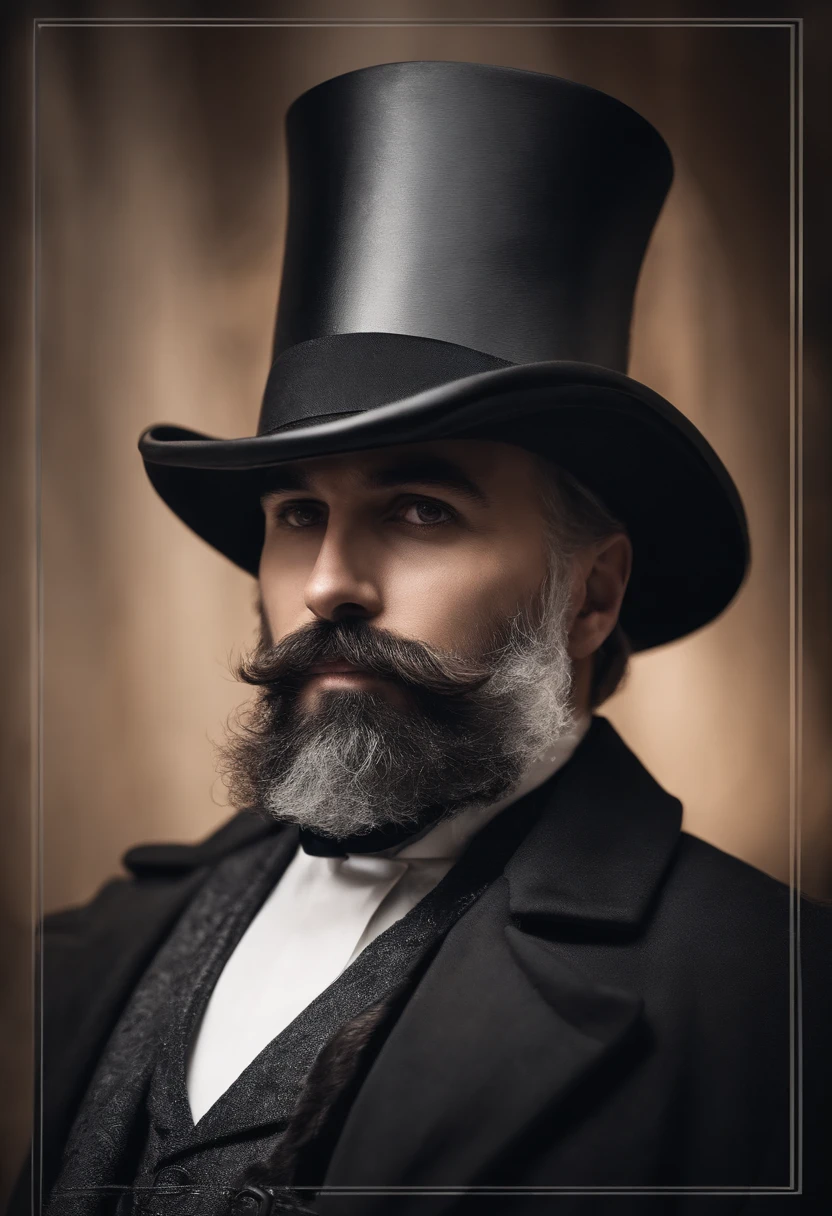 Mini top hat, shadowing,angle of view, Atmospheric perspective,ccurate, Best quality,Beard,ssmile,wind coat,greys