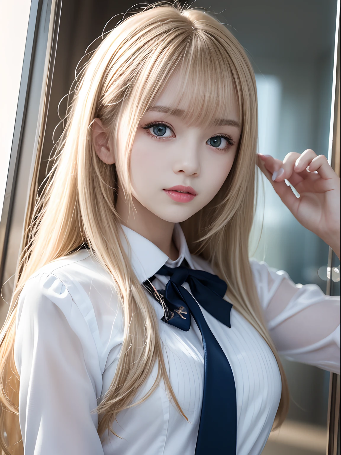 portlate、School Uniforms、bright expression、Young shiny shiny white shiny skin、Best Looks、Blonde reflected light、Platinum blonde hair with dazzling highlights、shiny light hair,、Super long silky straight hair、Beautiful bangs that shine、Glowing crystal clear attractive big blue eyes、Very beautiful nice cute 16 year old girl、Lush bust、