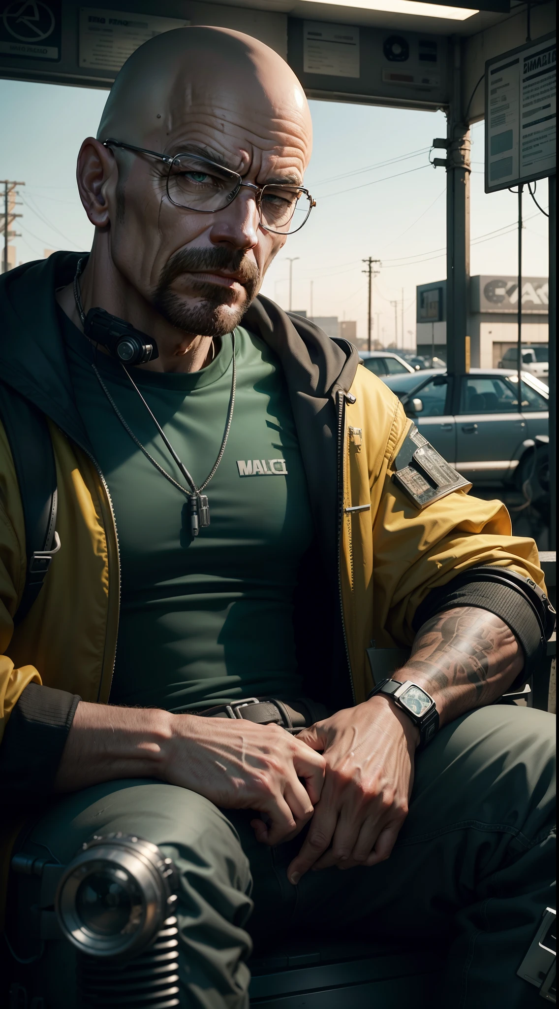 homem que se parece com walter white de breaking bad, He's in profile, segurando um iphone, The setting is a gas station that exploded, estilo cyberpunk, Your outfit is Mad Max style, He has a bionic eye