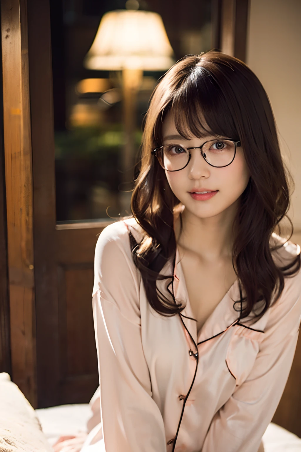 (8K、Raw photography、top-quality、masterpiece:1.2)、(realisitic、Photorealsitic:1.37)、ultra-detailliert、超A high resolution、女の子1人、see the beholder、beautifull detailed face、A smile with a little visible teeth、Constriction、(Slim waist) :1.3)、((Cute Pajamas))、pastel clothing、Beautiful detailed skin、Skin Texture、Floating hair、((fluffy hairstyle))、large breasts with good shape、Professional Lighting、autumn night、Bedroom、((Square glasses with black rimming))、Whole human body、Black hair、((Shameful appearance))、Pay attention to your audience、