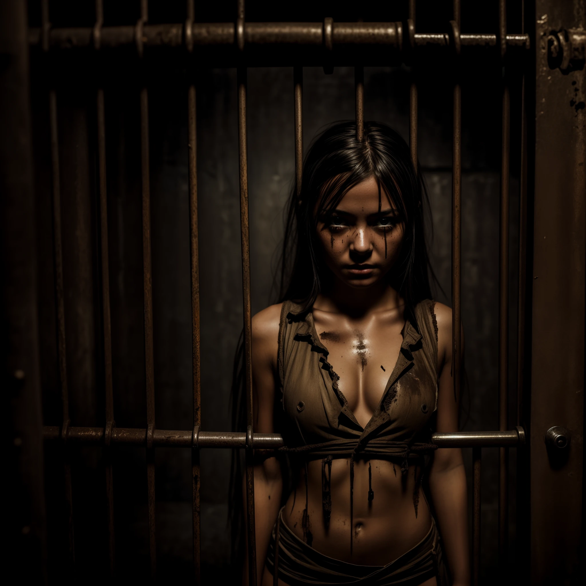 Real dark dungeon detailed background, locked up behind bars, petit girl, dirt1.2, perfect face, beautiful but dirty face, scared0.4, (fully Torn clothes, showing body skin0.9), girl, (full body shot) beautiful detailed girl, perfect lightning, dynamic shot