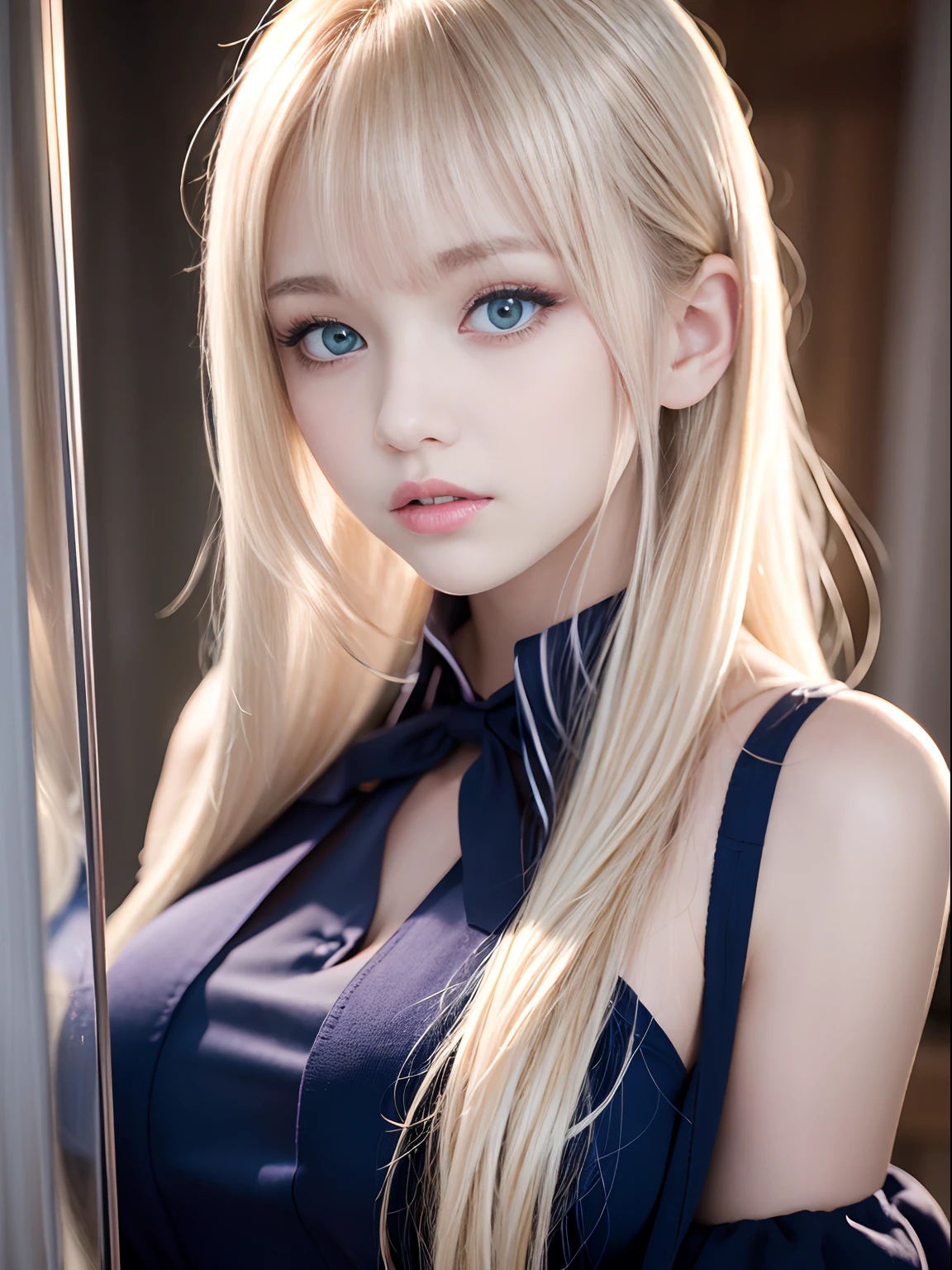 portlate、School Uniforms、bright expression、Young shiny shiny white shiny skin、Best Looks、Blonde reflected light、Platinum blonde hair with dazzling highlights、shiny light hair,、Super long silky straight hair、Beautiful bangs that shine、Glowing crystal clear attractive big blue eyes、Very beautiful nice cute  girl、Lush bust、