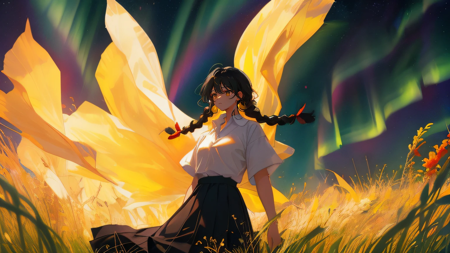 anime girl in a field with aurora lights in the background, makoto shinkai cyril rolando, anime style 4 k, anime art wallpaper 8 k, anime art wallpaper 4 k, anime art wallpaper 4k, artgerm and atey ghailan, 4 k manga wallpaper, anime styled digital art, beautiful anime artwork, 4k anime wallpaper, digital anime art