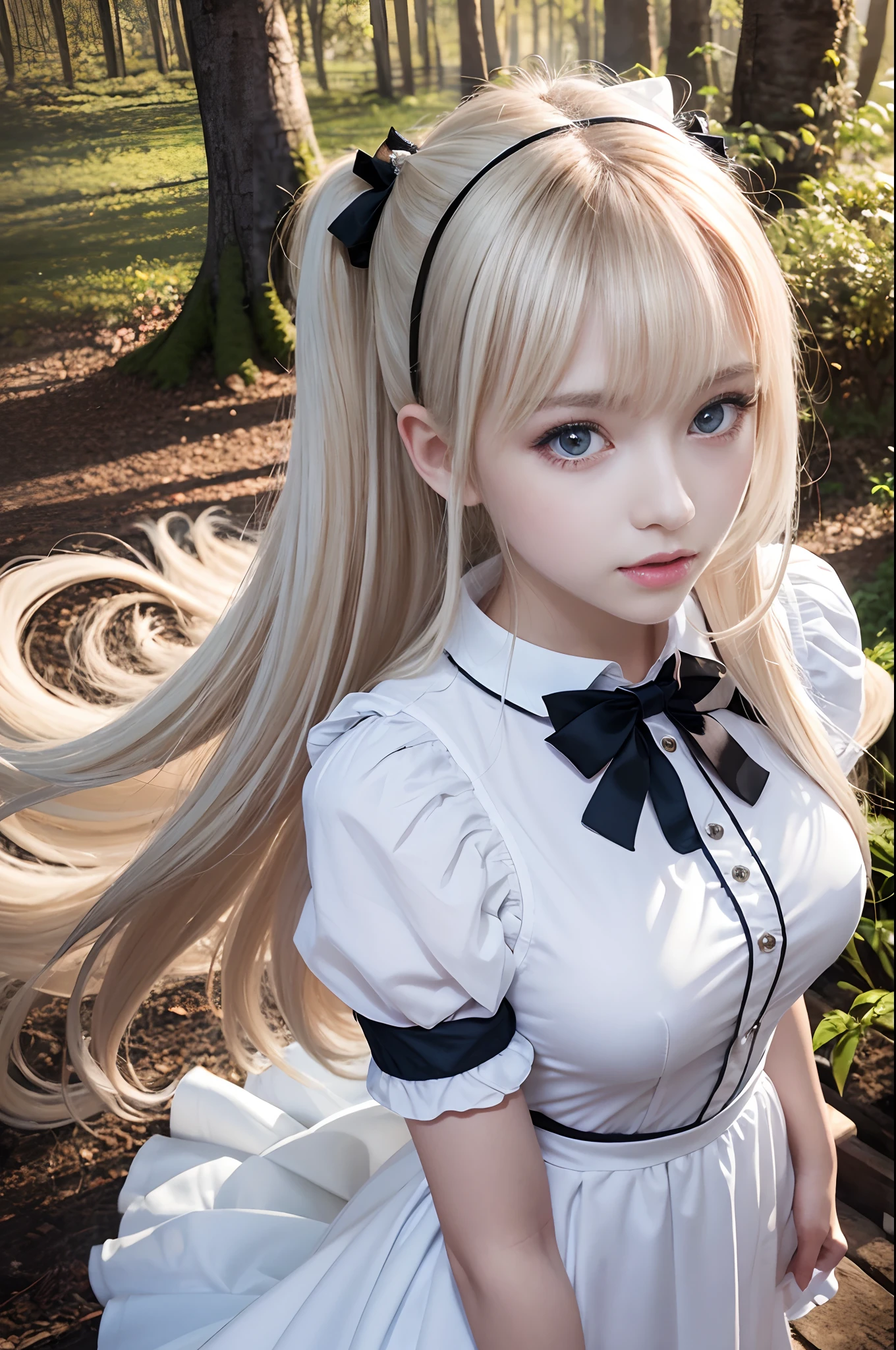 masterpiece、top-quality、hight resolution、extremely detailed photo、profetional lighting、Alafi in white dress and black shoes poses for photo、a sexy maid in a magical forest、doress、Lori in a dress、gorgeous maid、maid clothes、maid dress、a maid in a magical forest、Maid in uniform、Anime girl in maid clothes、Dressed in beautiful white、portlate、School Uniforms、bright expression、Young shiny shiny white shiny skin、Best Looks、Blonde reflected light、Platinum blonde hair with dazzling highlights、shiny light hair,、Super long silky straight hair、Beautiful bangs that shine、Glowing crystal clear attractive big blue eyes、Very beautiful nice cute 16 year old girl、Lush bust、poneyTail、