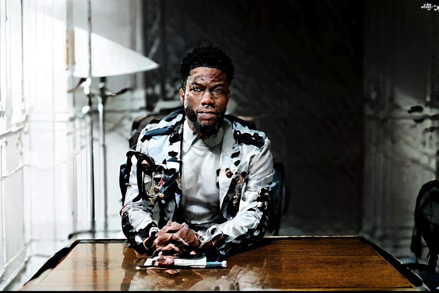 Homem de terno branco e gravata sentado em uma mesa, foto de um homem, sitting at desk, wearing a medical suit, foto corporativa, homem bonito, retrato profissional hd, wearing white doctors suit, sentado em uma mesa, uma foto de um homem, bonito e atraente, foto de perfil profissional, homem atraente, sitting behind desk, homem negro, negro atraente, negro