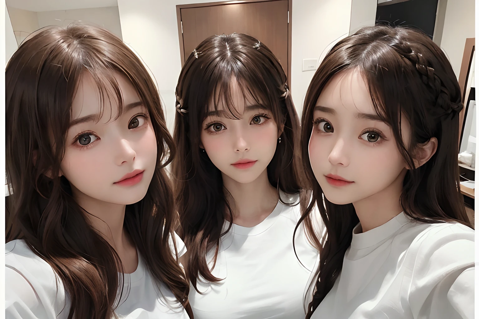(frombelow:1.4)、(Three Girls:1.4)、Light Brown Fringe Hair、Braided hair、disheveled hair、Light brown eyes、(dignified expression)、(爆乳:1.5)、(Emphasize the valley:1.3)、fittingroom、Photorealsitic、Shadow、(intricate detailes:1.2)、(masutepiece、:1.3)、(top-quality:1.4)、(超A high resolution:1.2)、超A high resolution、(A detailed eye)、(detailed facial features)、(White shirt:1.2), (selfee:1.3)、Girls side by side