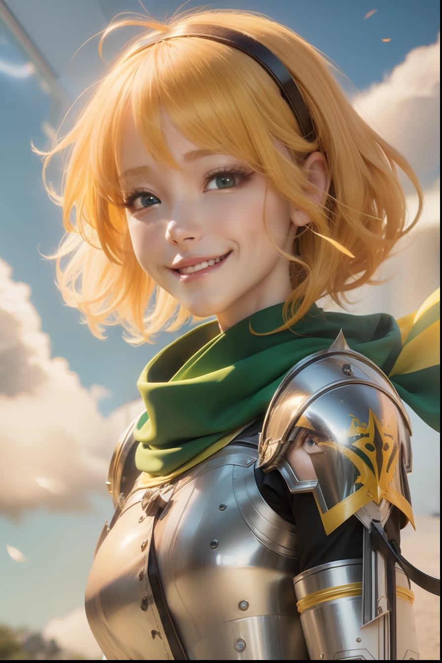 Smiling girl, short yellow hair, dressed as a royal knight, wearing a green scarf around her neck, Guardian Tales realistic anime 3d style, realistic yo ung anime girl, stunning anime face portrait, photor ealistic anime, anime realism style, kawaii realistic portrait, realistic anime artstyle, beautiful anime po rtrait, realistic anime style at pixiv, realistic anime a rt style, hyper realistic anime, 3 d anime realistic