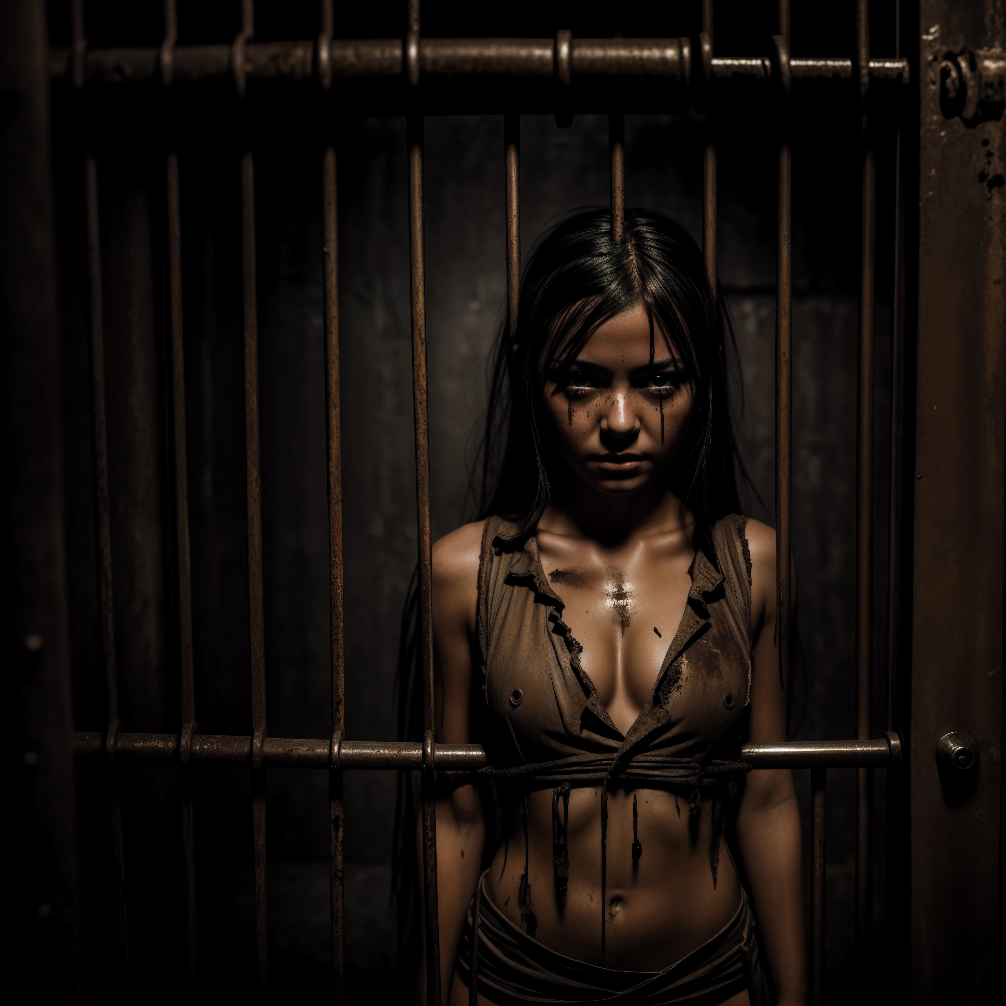 Real dark dungeon detailed background, locked up behind bars, petit girl, dirt1.2, perfect face, beautiful but dirty face, scared0.4, (fully Torn clothes, showing body skin0.9), girl, (full body shot) beautiful detailed girl, perfect lightning, dynamic shot