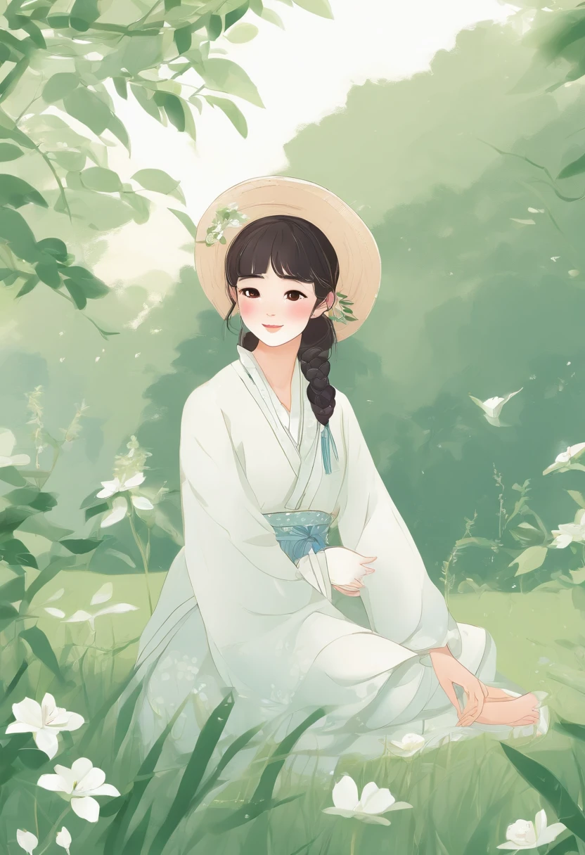 Festivalrural China, dew on green leaves, a super cute girl is sitting on the grass, gently pale blue and pale white tones,bright background, clear background trend, clear outline light, white space at the top of the frame, flat illustration, Victo Nagi style, 16k, --ar 3:4 --q 2 --niji 5