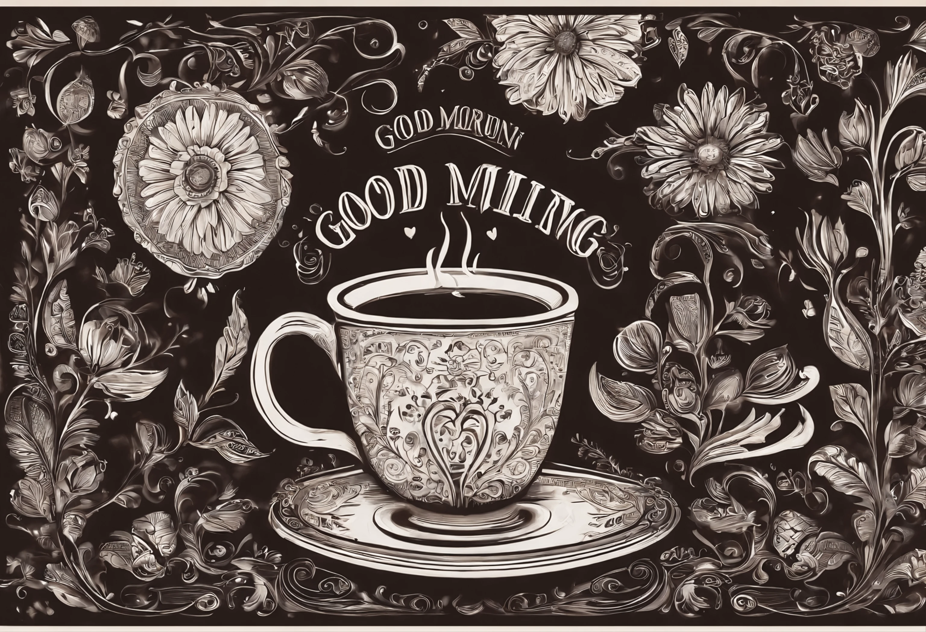 Creating an image of a cup of hot coffee, painting the words "good morning mom" , typography