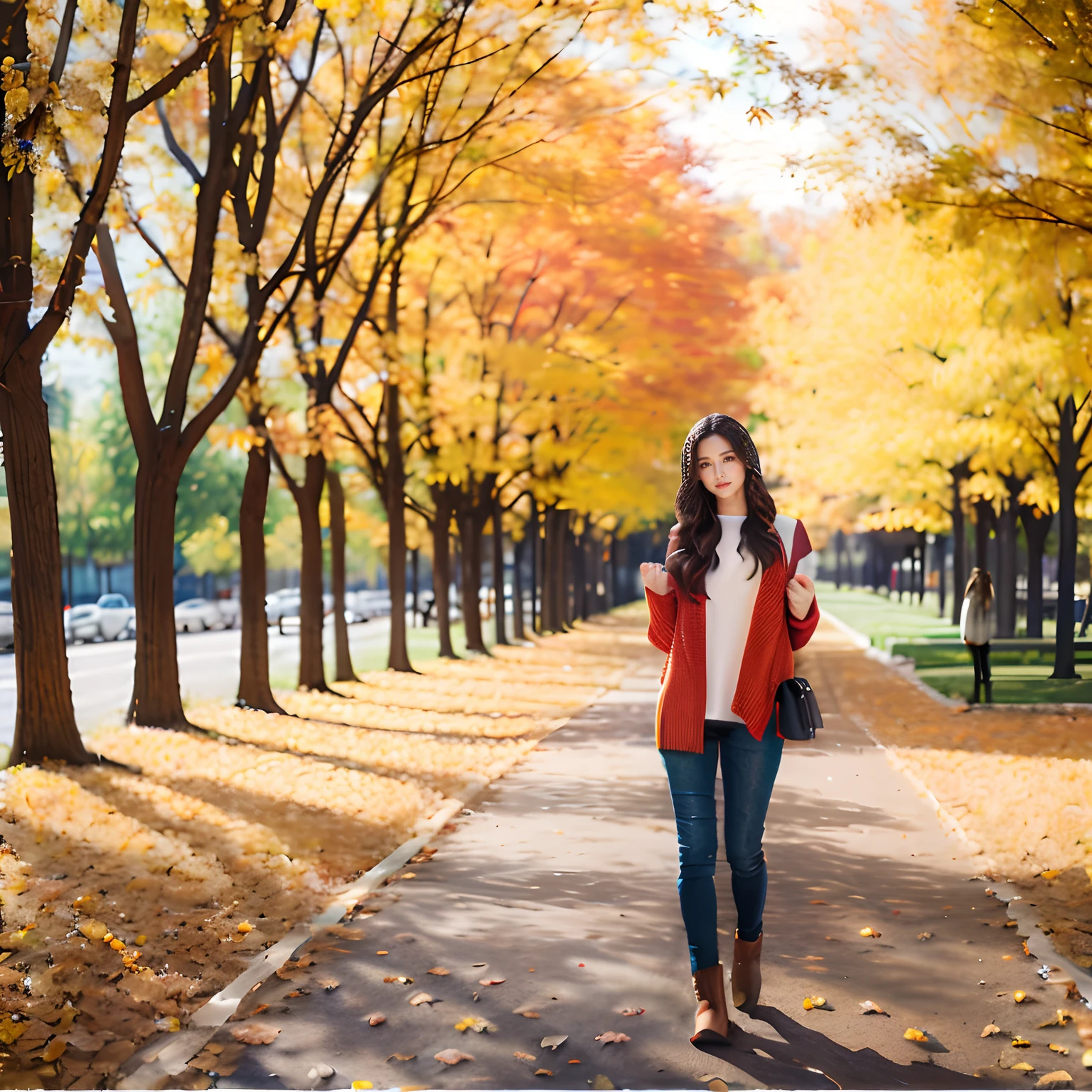 autumnal、Walk along a tree-lined avenue with beautiful autumn leaves、Beautuful Women、Autumn leaves are falling、(1 beauty:1.5)、((full-body view))、