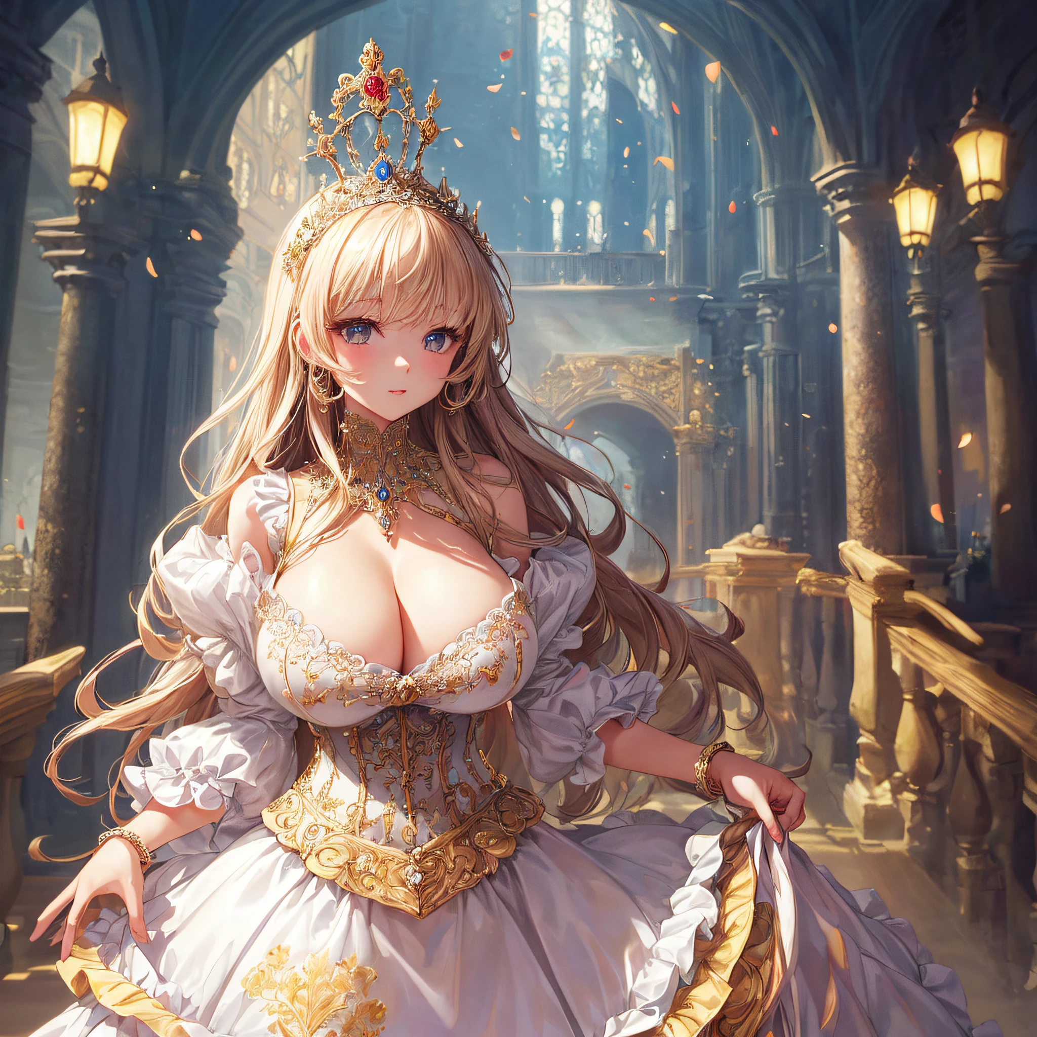 (masterpiece, best quality,extremely detailed,moe anime art style:1.1),1girl, ((solo)), cute, kawaii,digital art,((1 bling-bling anime princess wearing beautiful embroidery and jeweled ruffled gorgeous princess ballgown with voluminous full length hoop skirt)),((crinoline)),long train,voluminous frills,(gorgeous embroidery and beautiful lace),(very gigantic boobs,cleavage,skindentation),((shiny hair,very long straight hair)),((finely detailed face and eyes)),clear pupil,extremely gorgeousfull hair ornament,(bling-bling jeweled extremely gorgeousfull tiara),((bling-bling gorgeous gemstone jewelry)),long veil,((beautiful background,fantasy)),flowers,flower petals flowing,full body,(looking away),((beautiful embroidery and jeweled ruffled gorgeous princess ballgown with voluminous full length hoop skirt))