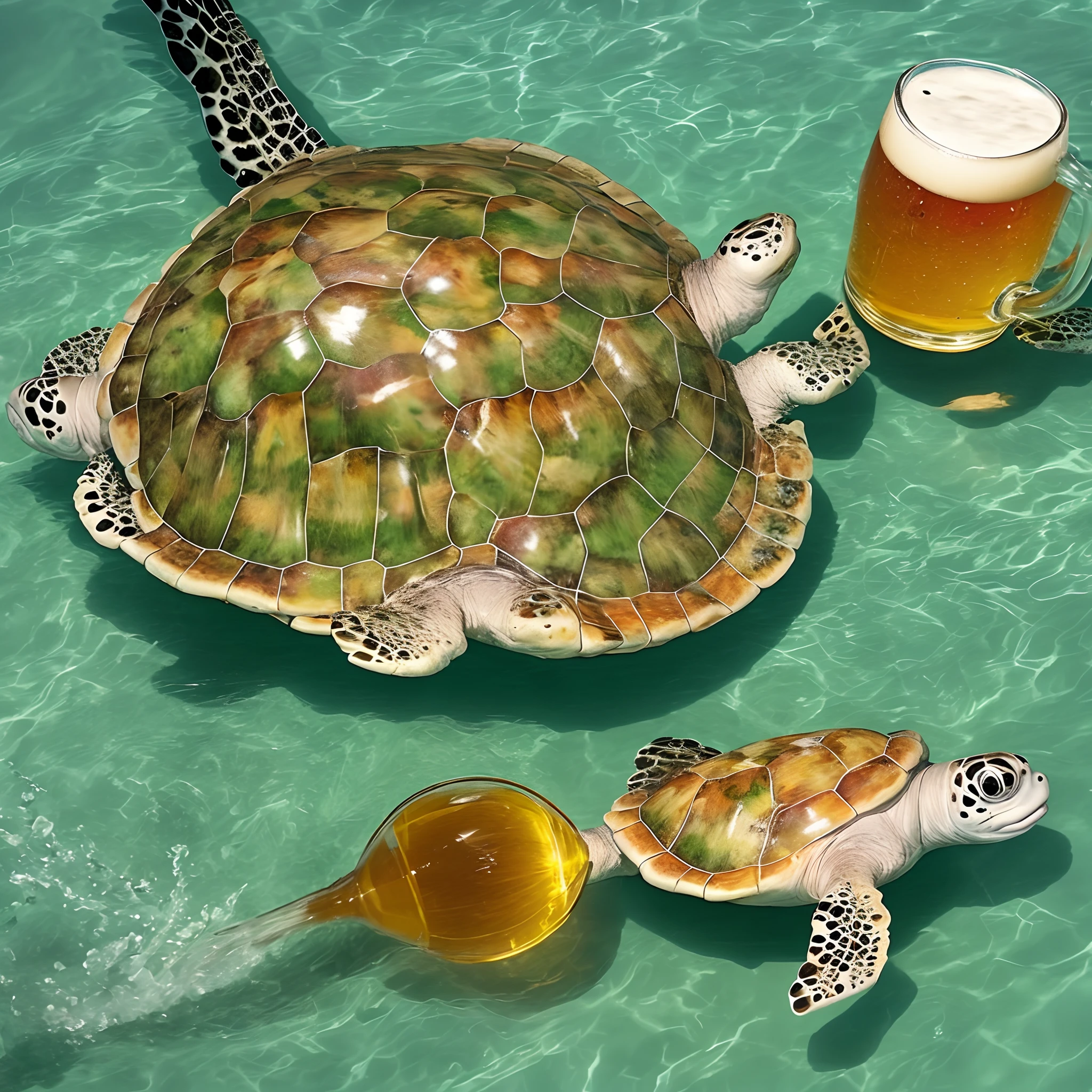 tartaruga pegando peixe, ride a glass of beer