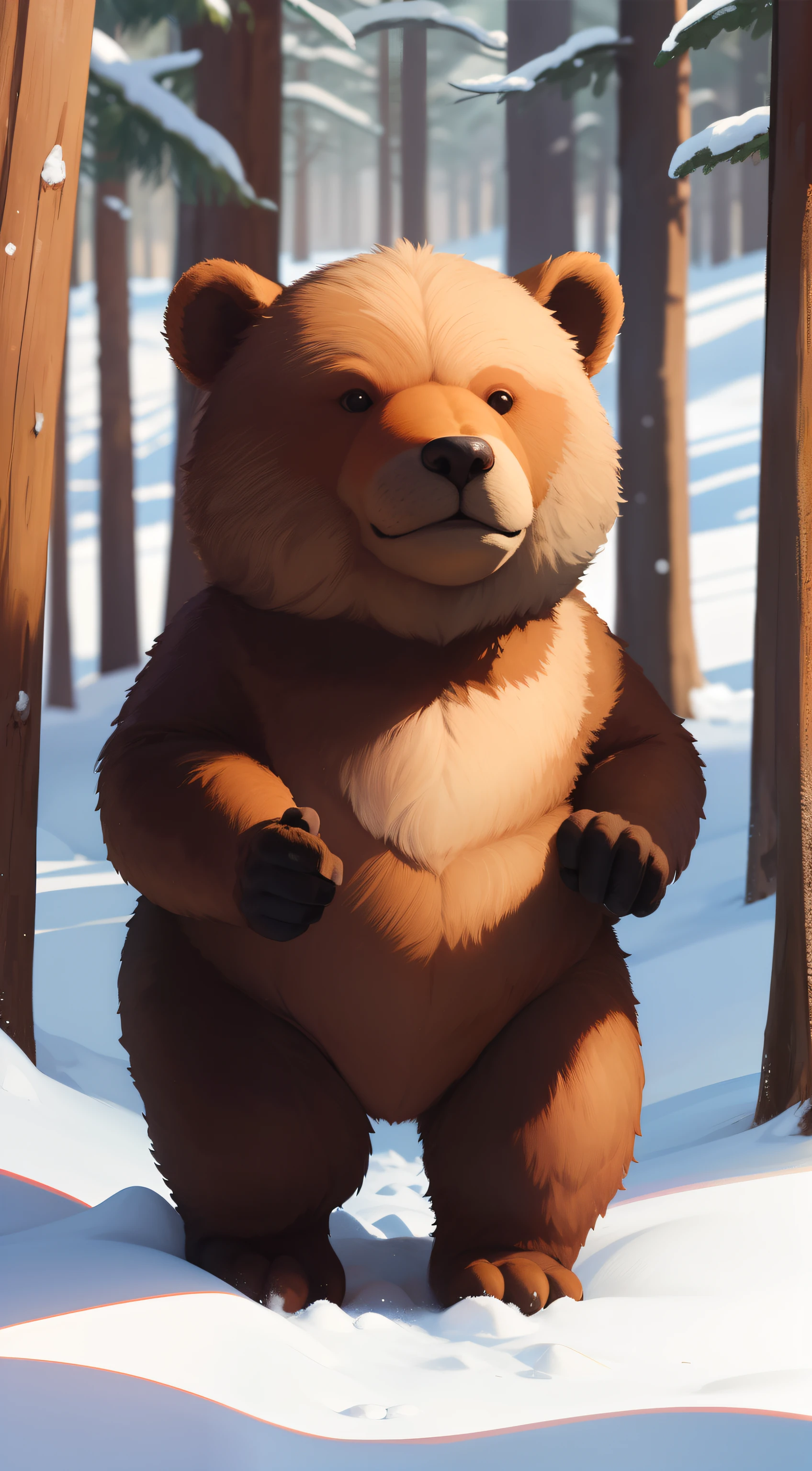 urso bonito, marrom, docile look, forest scenery, neve, pote de Mel, abelhas voando