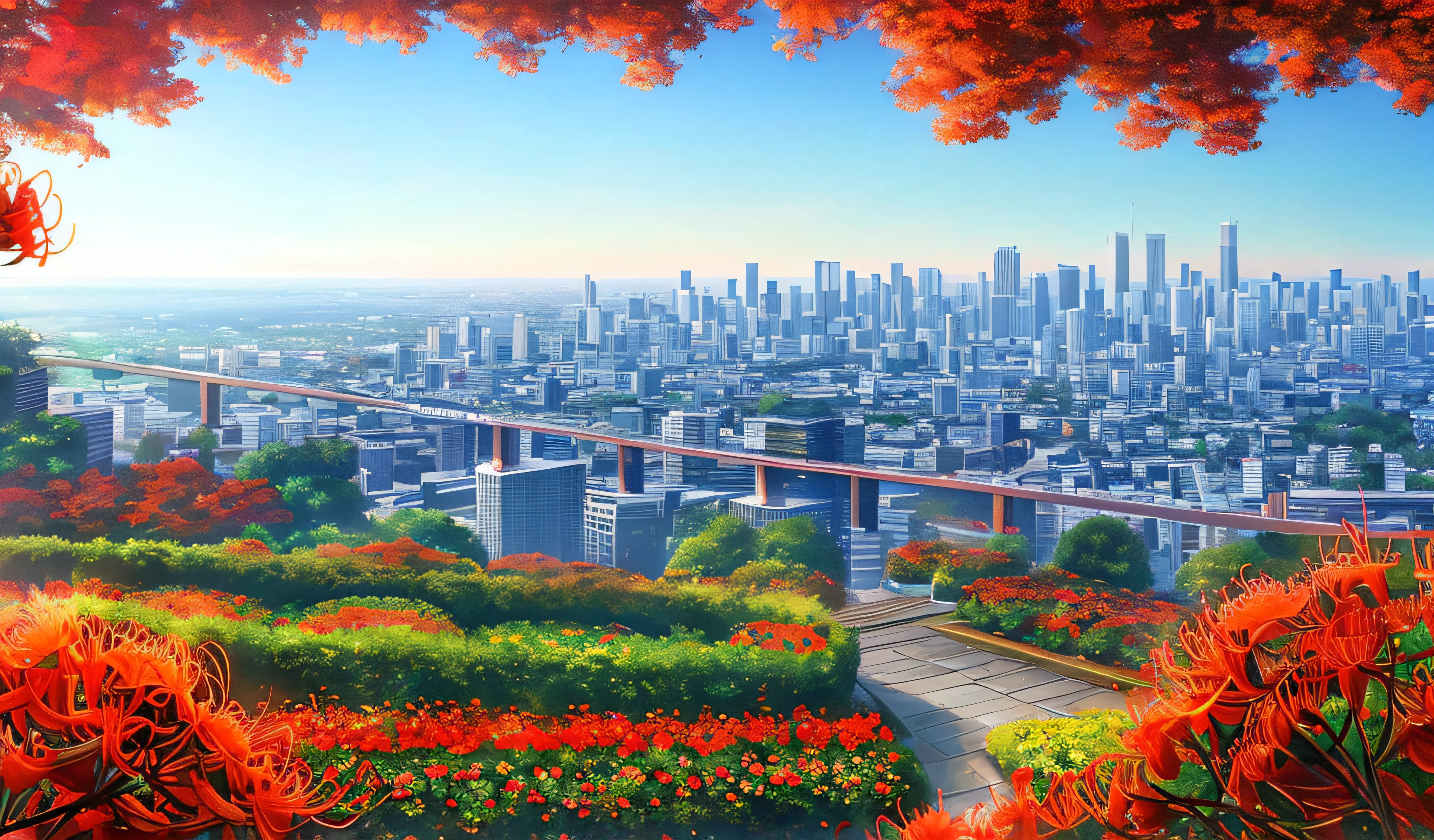 beautiful anime scenery,author:Shinkai sincerely , Skyscrapers , Garden , Flowers , Lycoris Radiata , Red Spider Lily , Lycoris , Wind , Blue sky , Evening , Sun , floating leaves, autumn