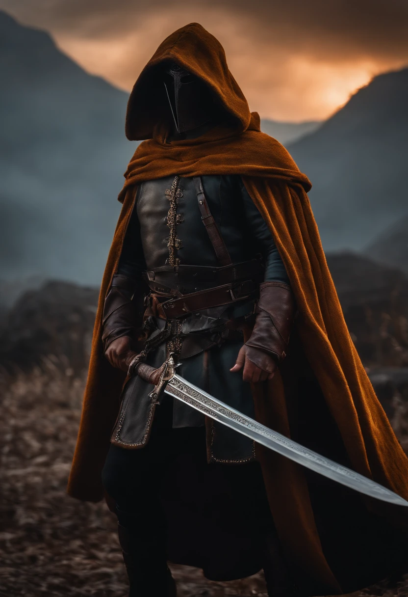 Realistic, 4k, Anjos com asas grandes, roupas pretas, uma espada, Head hood on war background image (caos)