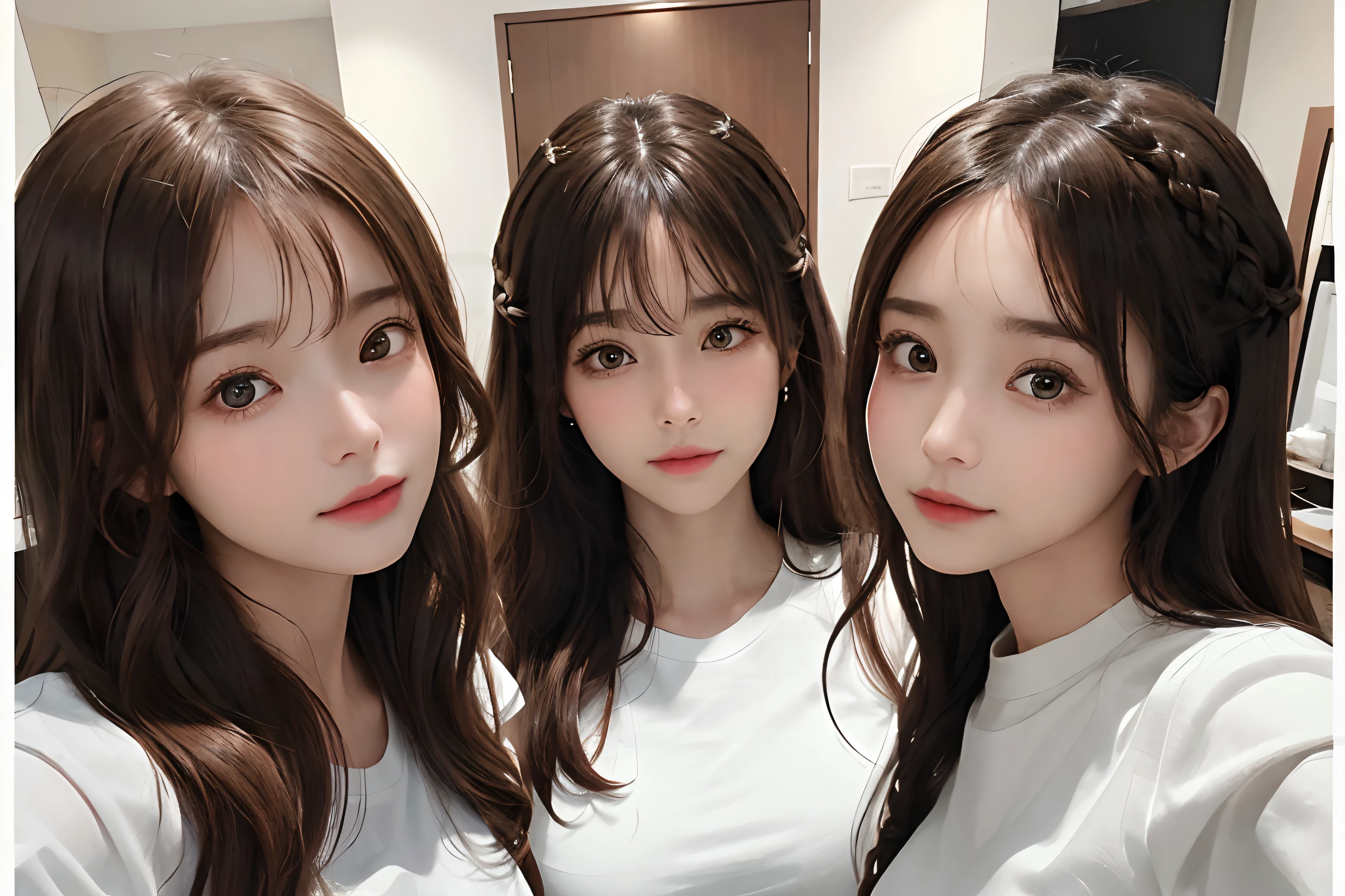 (frombelow:1.4)、(Three Girls:1.4)、Light Brown Fringe Hair、Braided hair、disheveled hair、Light brown eyes、(dignified expression)、(爆乳:1.5)、(Emphasize the valley:1.3)、fittingroom、Photorealsitic、Shadow、(intricate detailes:1.2)、(masutepiece、:1.3)、(top-quality:1.4)、(超A high resolution:1.2)、超A high resolution、(A detailed eye)、(detailed facial features)、(White shirt:1.2), (selfee:1.3)、Girls side by side