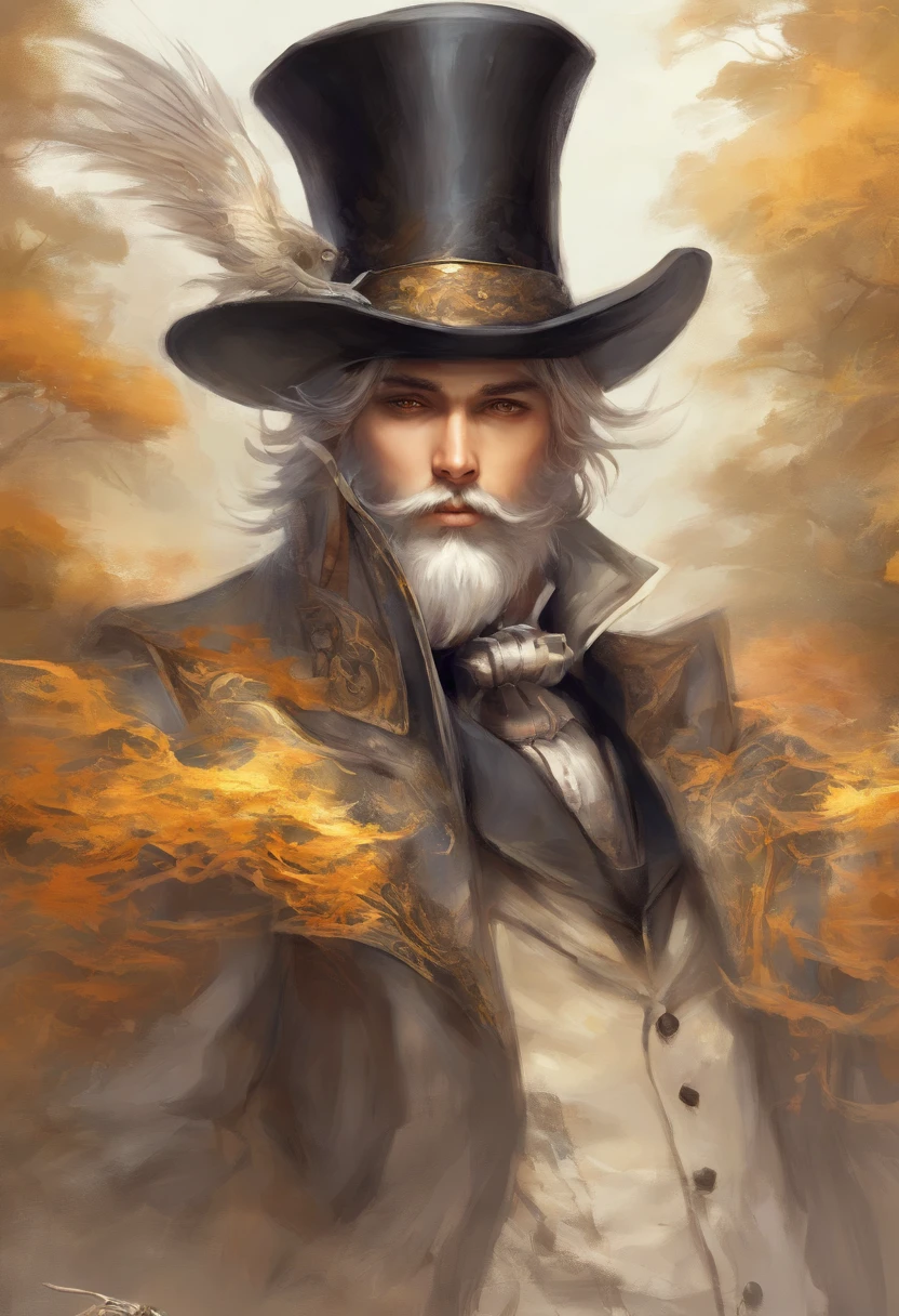 Mini top hat, shadowing,angle of view, Atmospheric perspective,ccurate, Best quality,Beard,ssmile,wind coat,greys