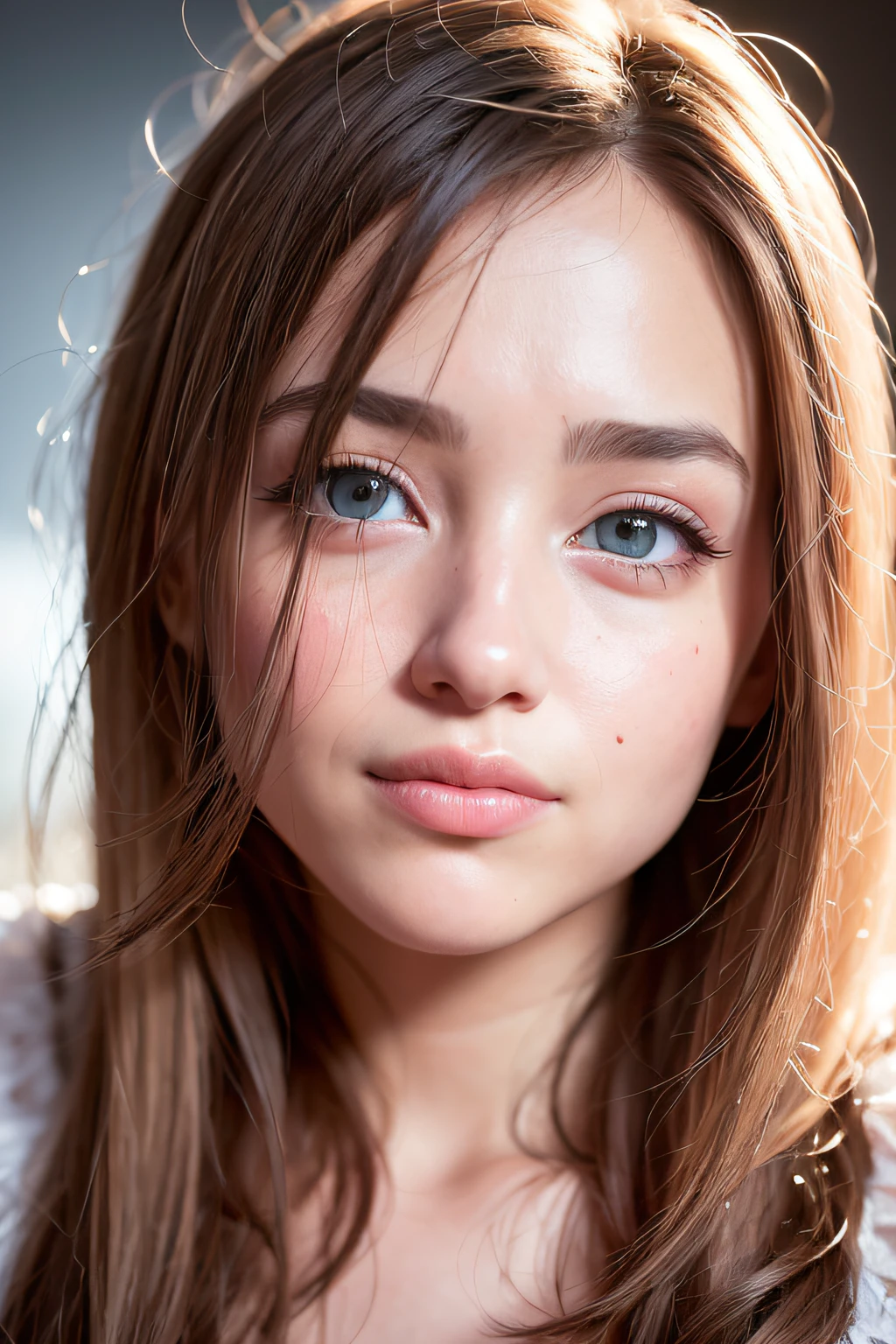 (realistic, photo-realistic:1.37),(8k, RAW photo, best quality, masterpiece:1.2), cute, ultra-detailed,heart-shaped pupils,physically-based rendering, ultra high res, kodakvision color, shot on Arricam LT Camera, bokeh, sharp focus,
looking at viewer,photorealistic,realistic, solo, photorealistic, best quality,extremely detailed face,extremely detailed eyes and face, beautiful detailed eyes,absurdres, incredibly absurdres,haunting smile,Messy hair, floating hair, ,