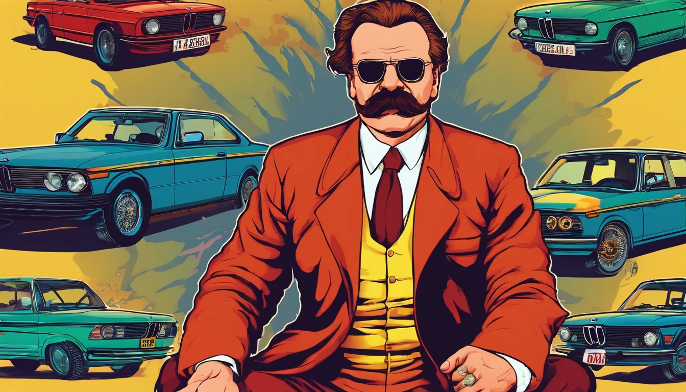 Nietzsche, philosopher Nietzsche, Nietzsche ao lado de uma BMW, Nietzsche mafioso ao lado de uma BMW