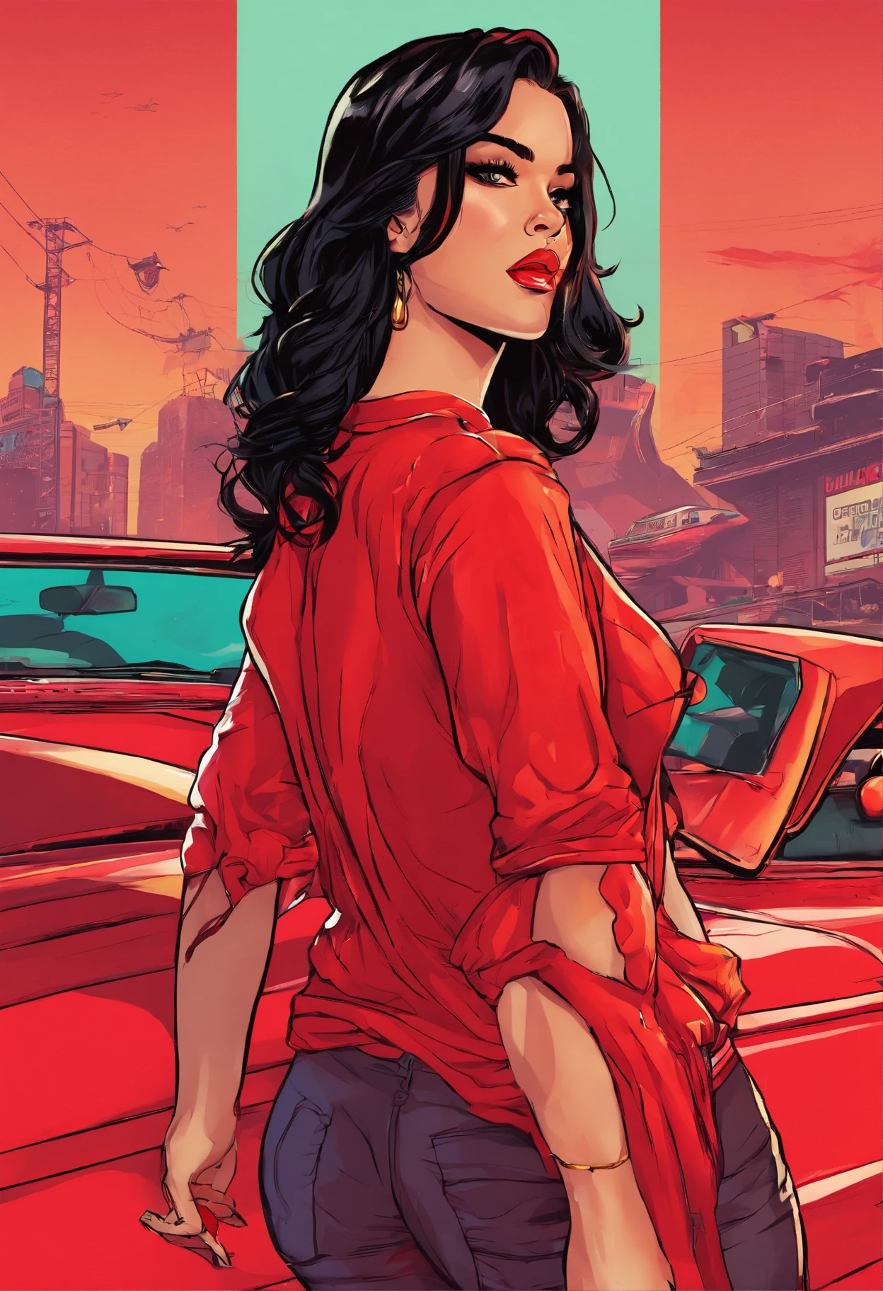 Beautiful girl, black hair, red dress,ultra details