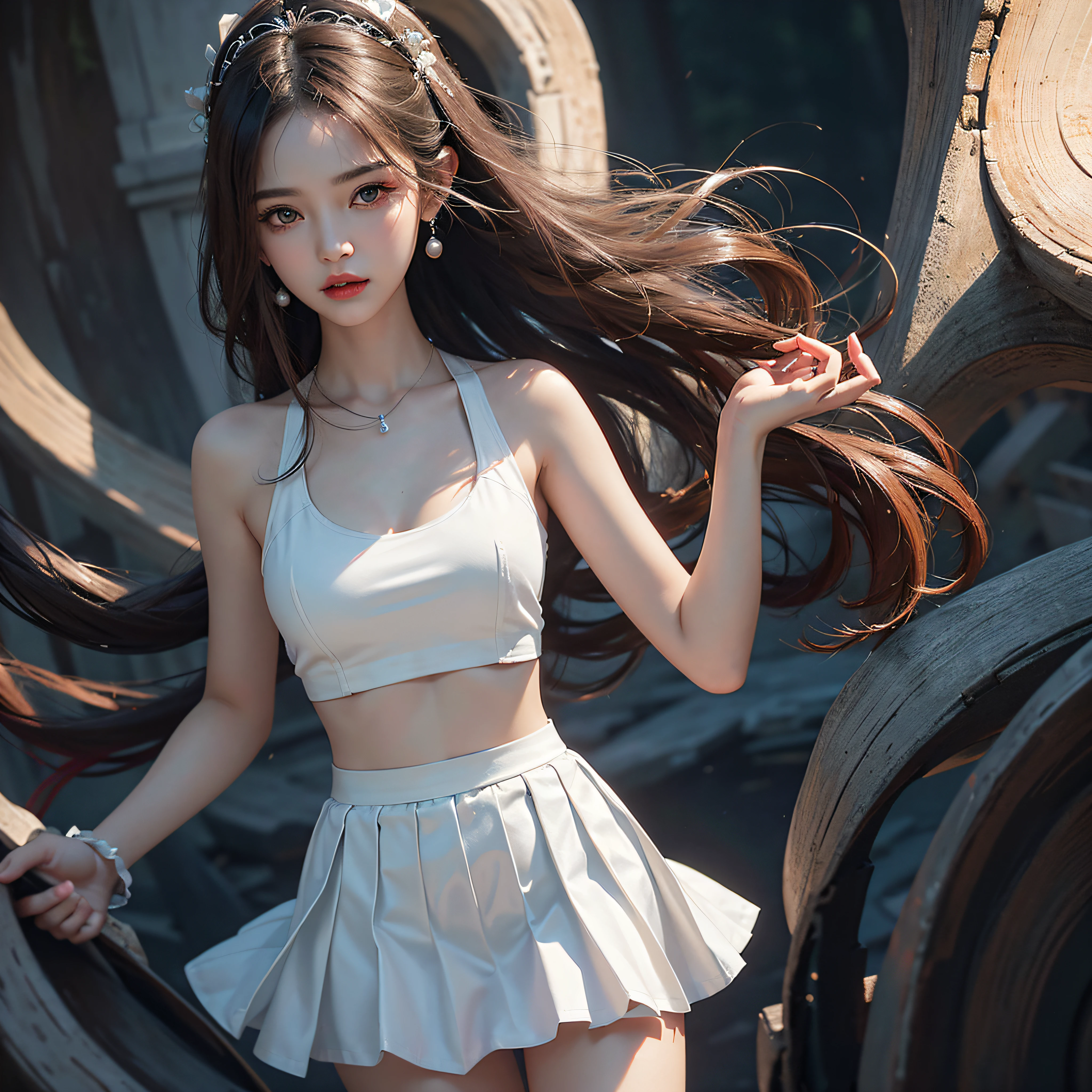 (Front focus),(in the darkness nigth:1.6),Playful and cute smart girl,ultra-realistic eyes,Red lips,Fantasyart,photographrealistic,动态照明,art stations,Artistic photos,Volumetriclighting,Very detailed realistic faces,Ultra-delicate skin,1girll, On clean and fresh fill-in-the-blank background, deepshadow, low tune, White top,Cowboy shot, (a skirt:1.4), long whitr hair, Render color hair,Wear pearl hair accessories,A close-up of a close-up face above the shoulders。