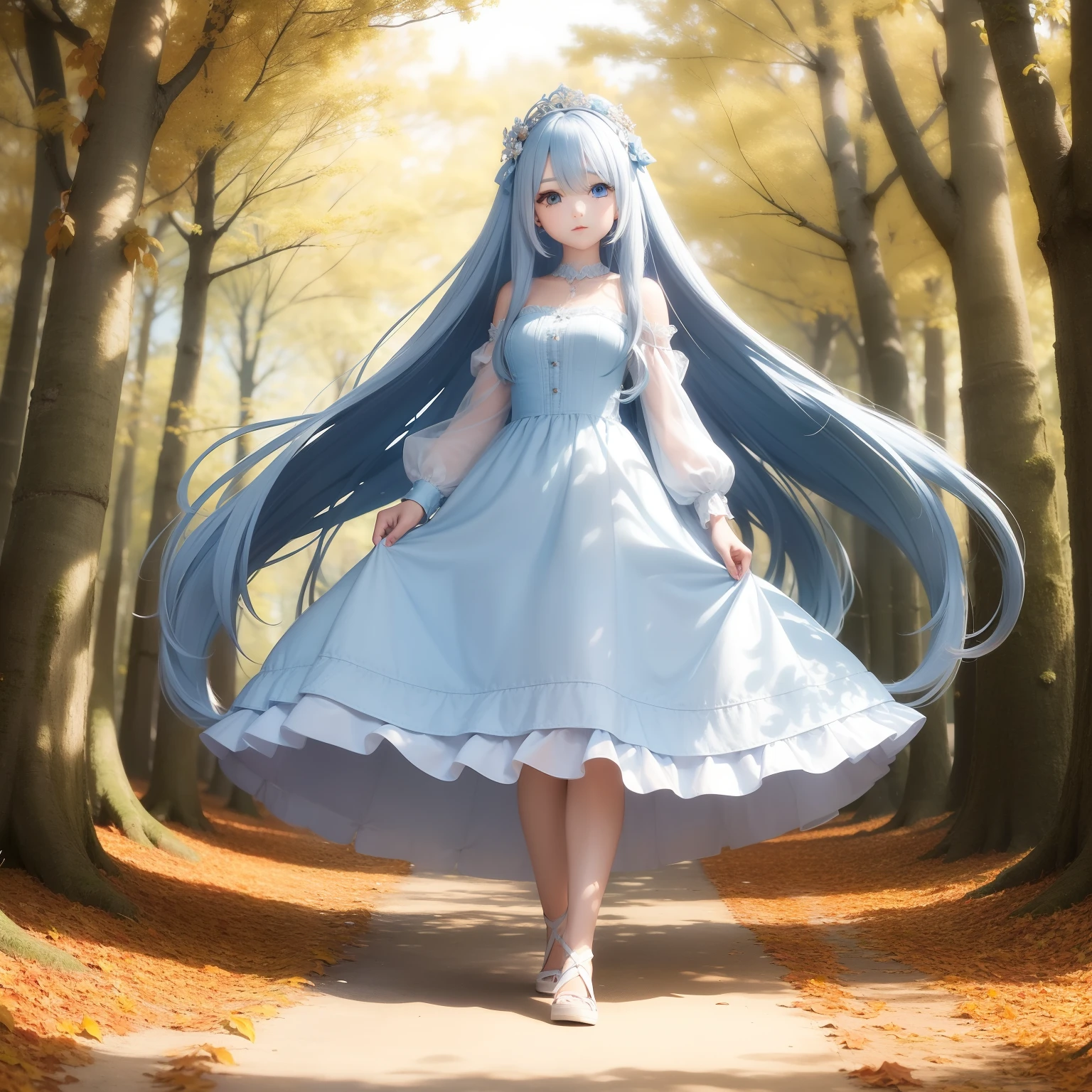 Pretty girl　light blue long hair　Large in the center　Take a walk with your puppy through the forest of autumn leaves　Fairy tale background