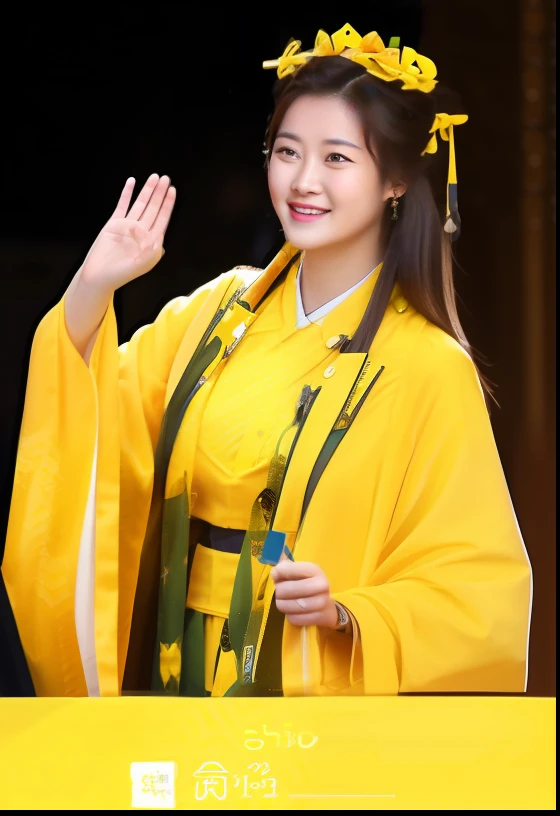 Smiling woman in yellow dress waving