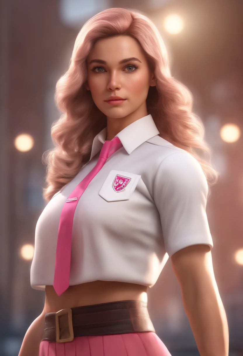 Female, super cute, strong flesh, hair with white light special effects, pink school uniform, strong muscles, meticulous portrayal, high image quality, 8k, ((muscles, strong)), (realism: 1.4),,
