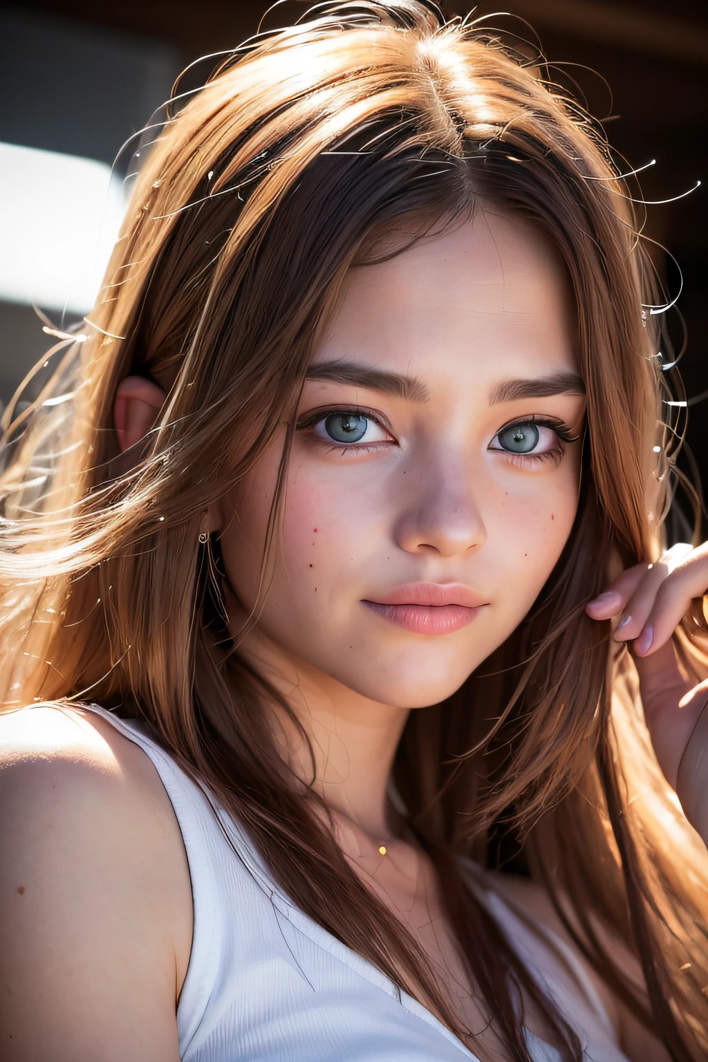 (realistic, photo-realistic:1.37),(8k, RAW photo, best quality, masterpiece:1.2), cute, ultra-detailed,heart-shaped pupils,physically-based rendering, ultra high res, kodakvision color, shot on Arricam LT Camera, bokeh, sharp focus,
looking at viewer,photorealistic,realistic, solo, photorealistic, best quality,extremely detailed face,extremely detailed eyes and face, beautiful detailed eyes,absurdres, incredibly absurdres,haunting smile,Messy hair, floating hair, ,
