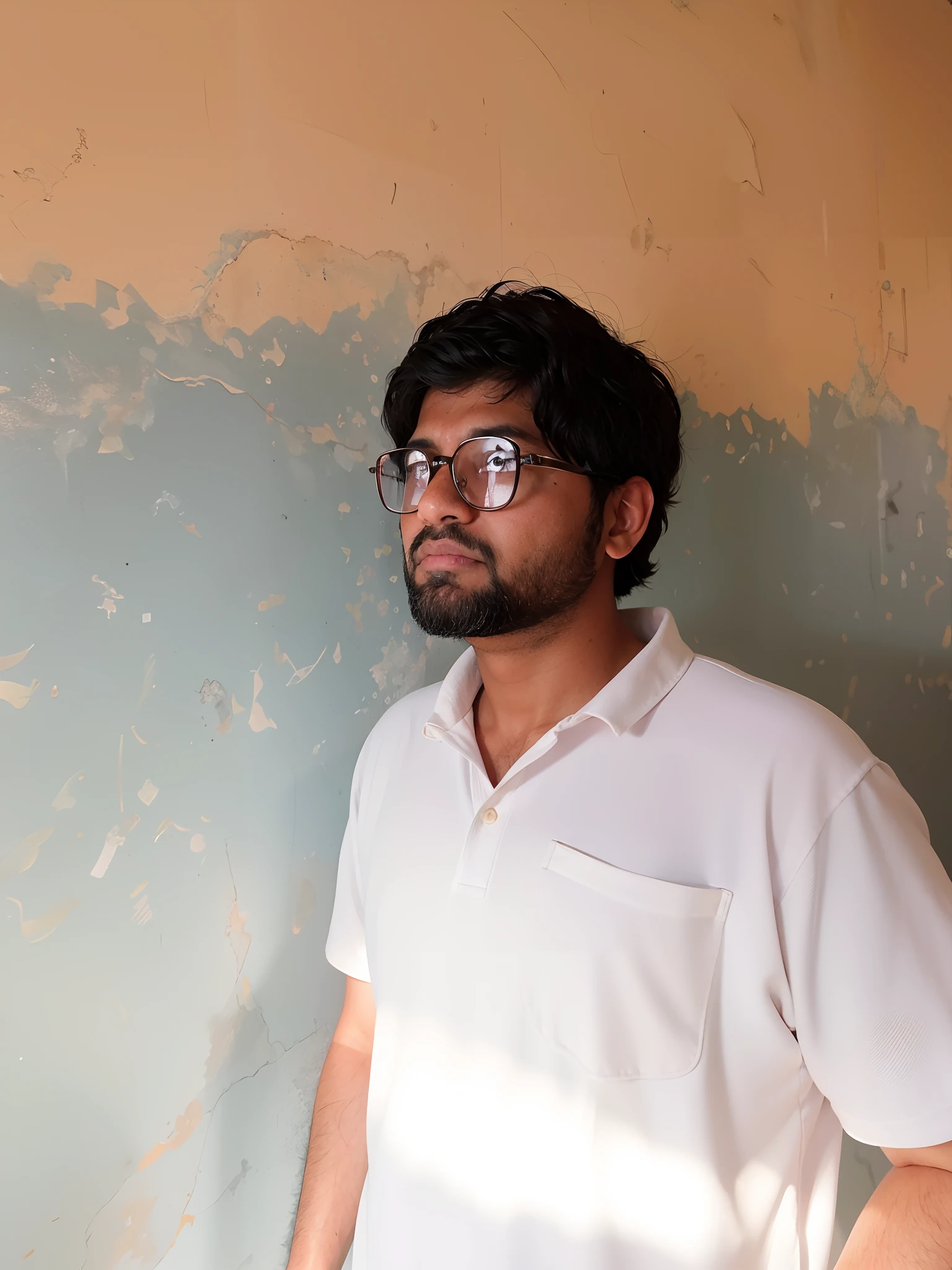 there is a man standing in front of a wall with a wallpapered wall, jayison devadas, taken with sony a7r camera, taken with sony alpha 9, very very low quality picture, photo taken with sony a7r camera, taken with a canon dslr camera, inspired by Kailash Chandra Meher, serious focussed look, profile portrait