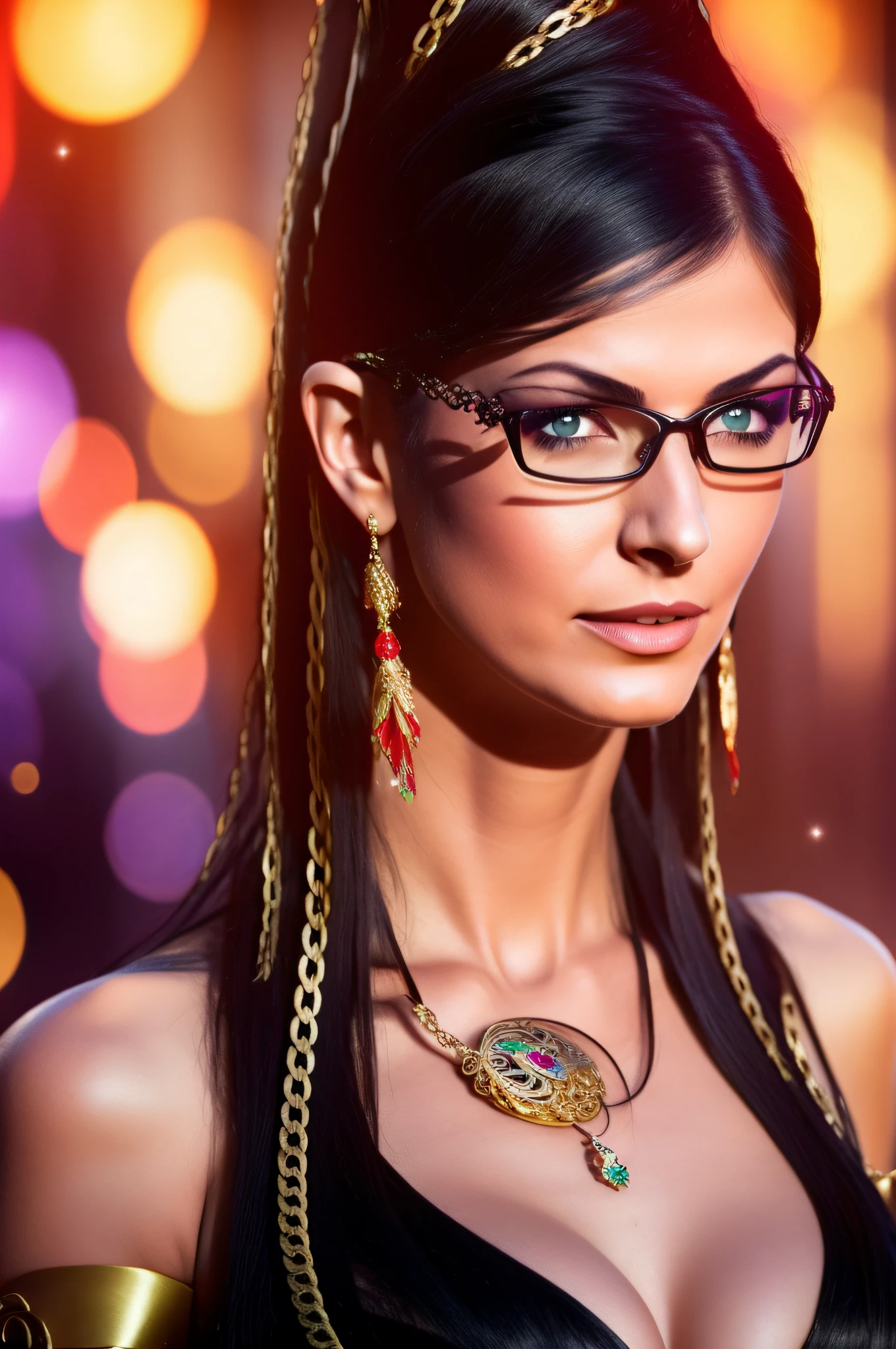 bayonetta_1_aiwaifu,black_hair,glasses,blue_eyes,mole_under_mouth,very_long_hair,jewelry,large_breasts,earrings,ribbon,bodysuit,gloves,hair_ribbon,makeup,lipstick,cleavage_cutout,cleavage,amulet,chain,elbow_gloves,bangs,gold_chain,skin_tight,official art,extremely detailed CG unity 8k wallpaper, perfect lighting,Colorful, Bright_Front_face_Lighting,shiny skin,
(masterpiece:1.0),(best_quality:1.0), ultra high res,4K,ultra-detailed,
photography, 8K, HDR, highres, (absurdres:1.2), Kodak portra 400, film grain, blurry background, (bokeh:1.2), lens flare, (vibrant_color:1.2),professional photograph,
(beautiful_face:1.5),