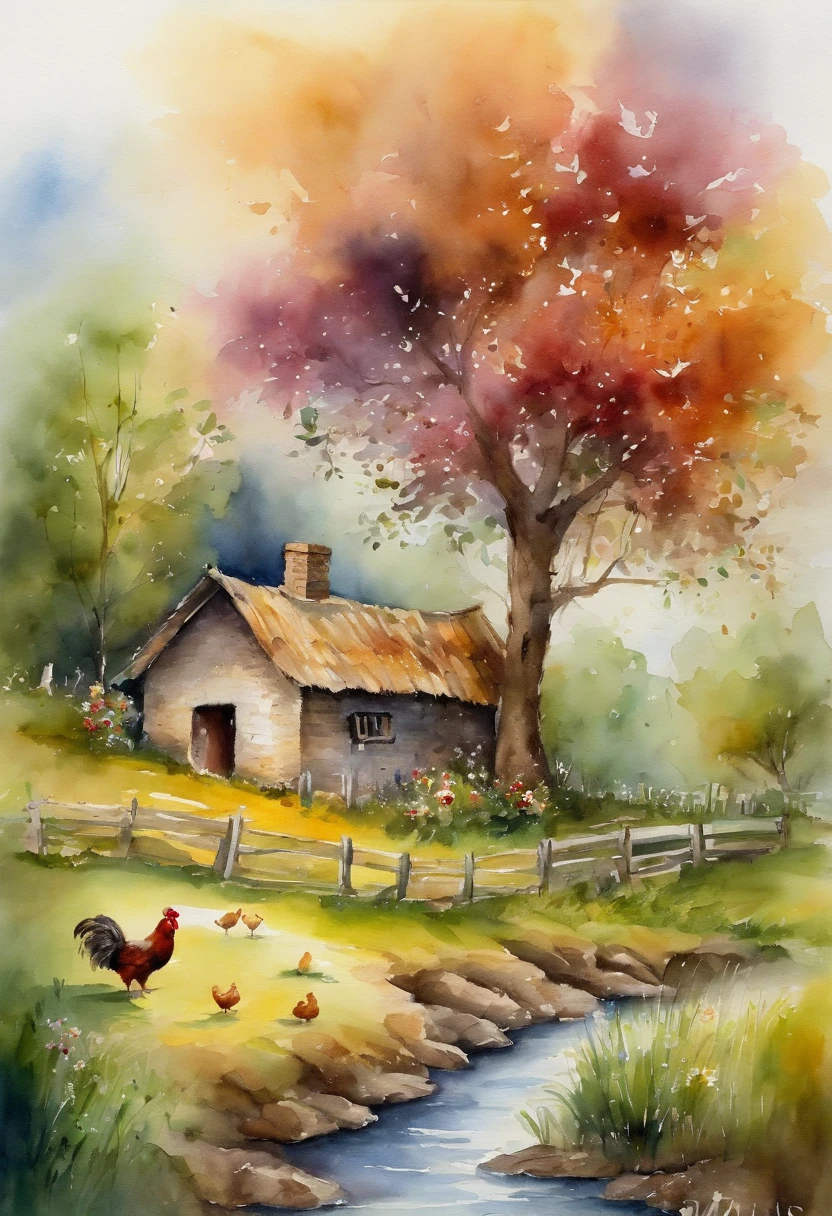 watercolor painting, There is a hut under the big tree, beside of the stream, children play with chickens in front of the hut, flowers and fence,